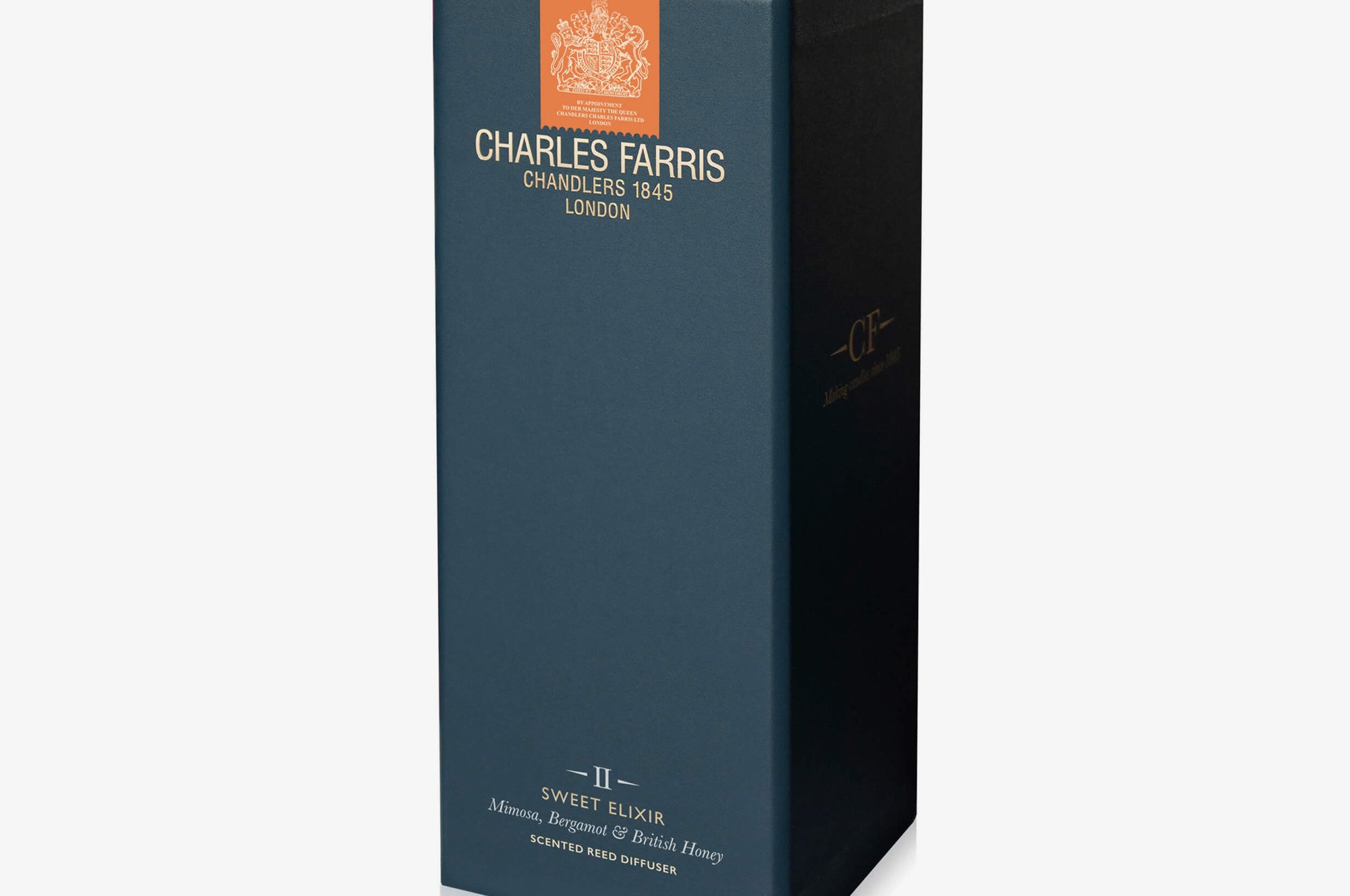 Dark blue box with orange stripe featuring Charles Farris branding on a white background