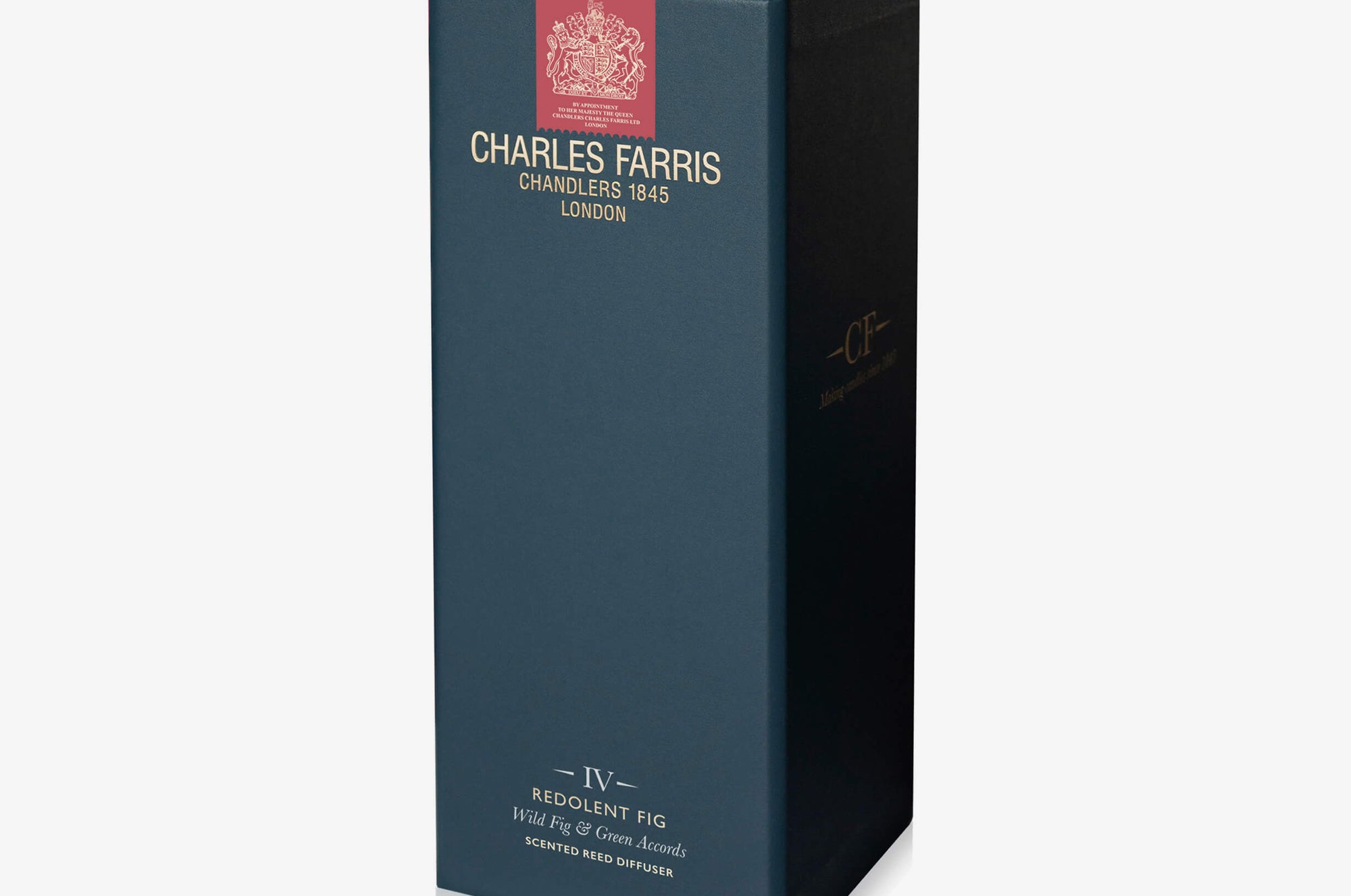 Dark blue box with red label featuring 'Charles Farris' on a white background