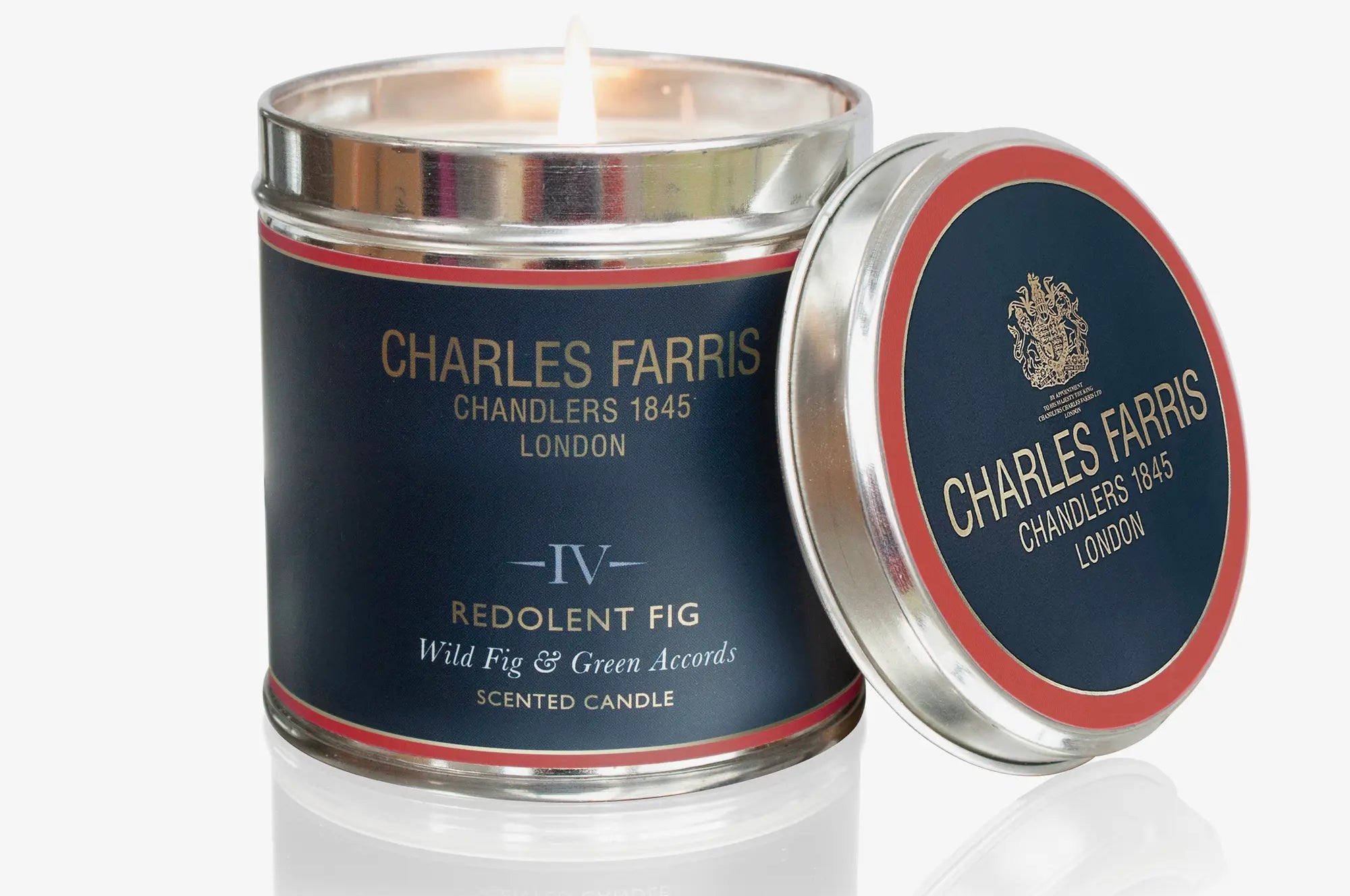 Charles Farris scented candle with lid on a white background