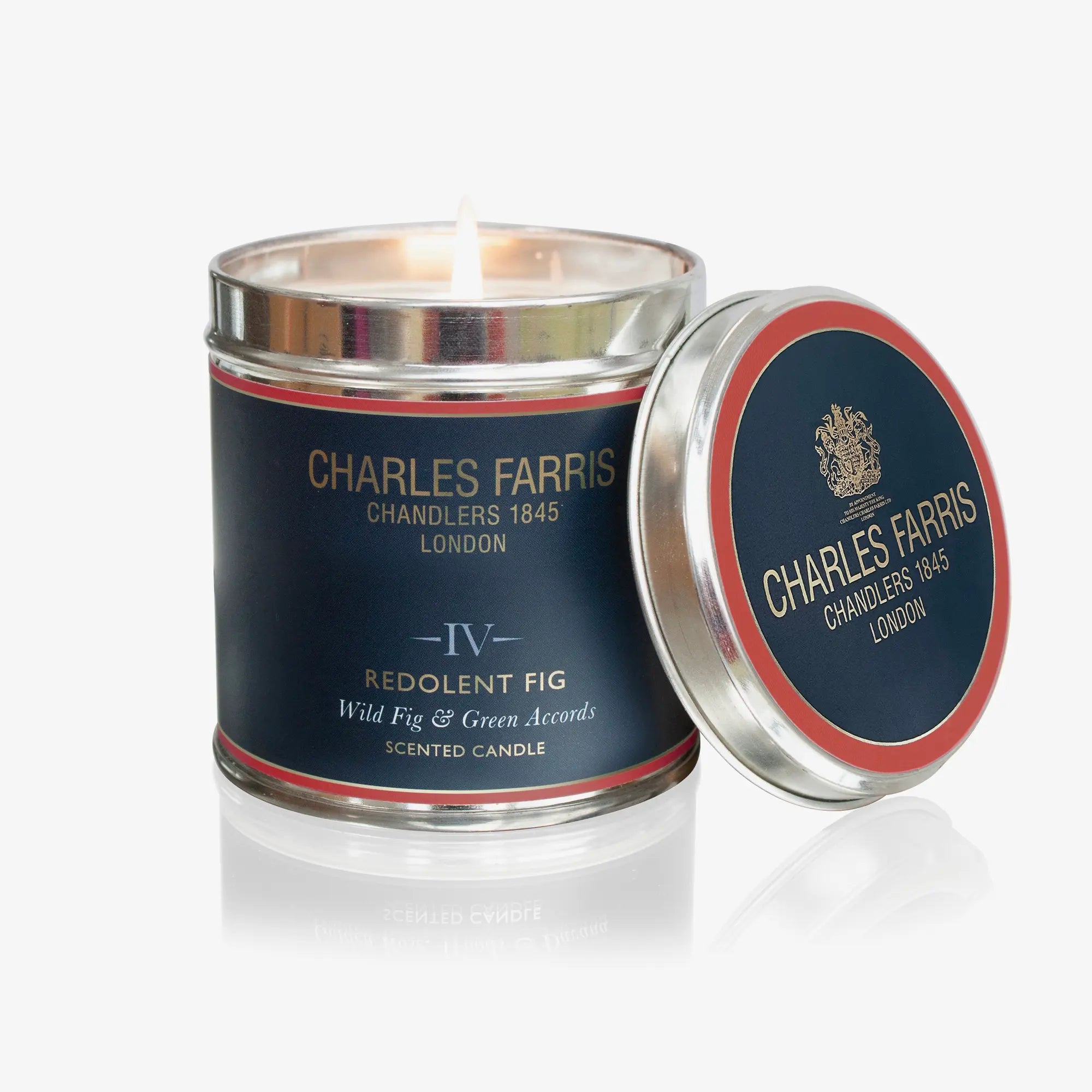 Charles Farris scented candle with lid on a white background