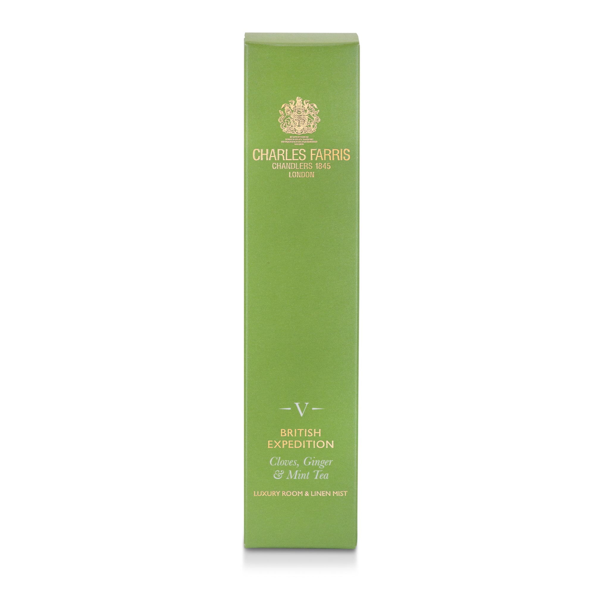 Charles Farris British Expedition clove, tobacco, mint room mist scented home spray green packaging
