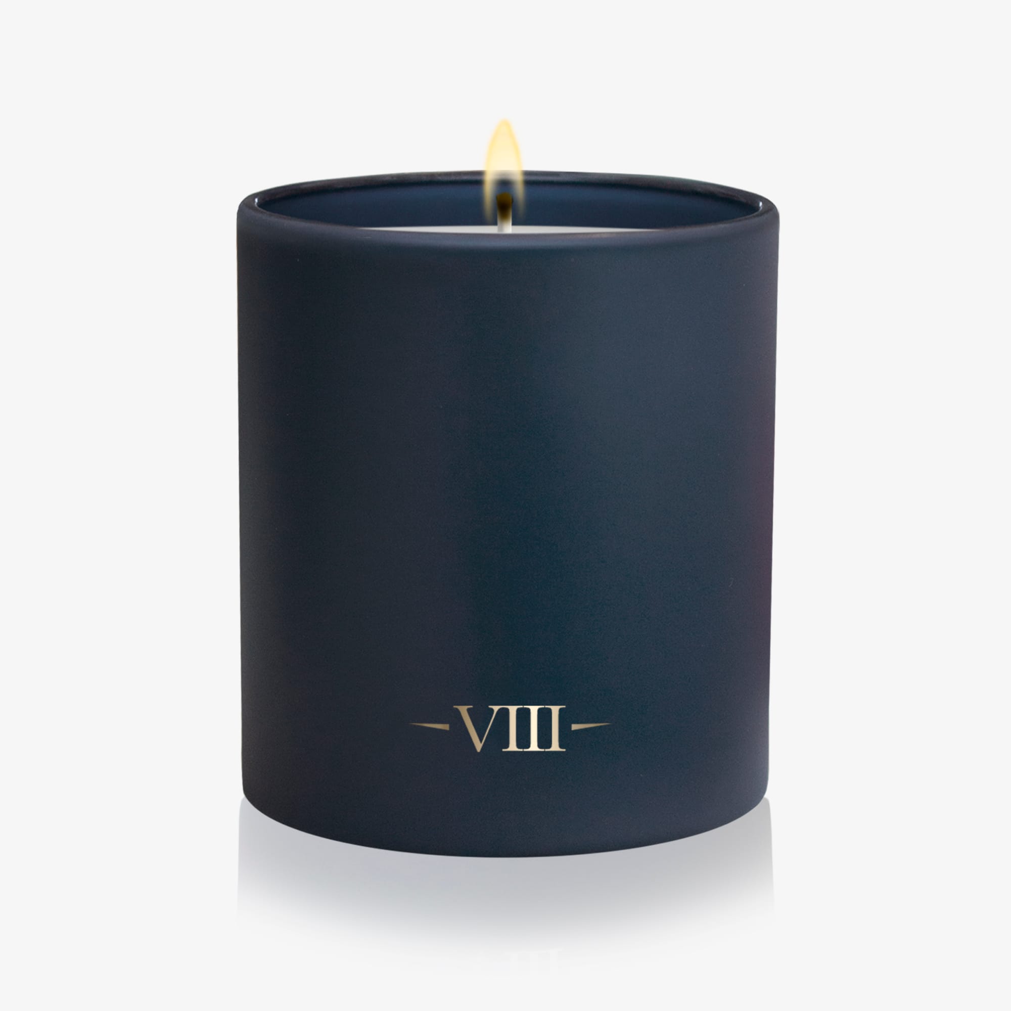 Navy blue candle with 'VIII' logo on a white background