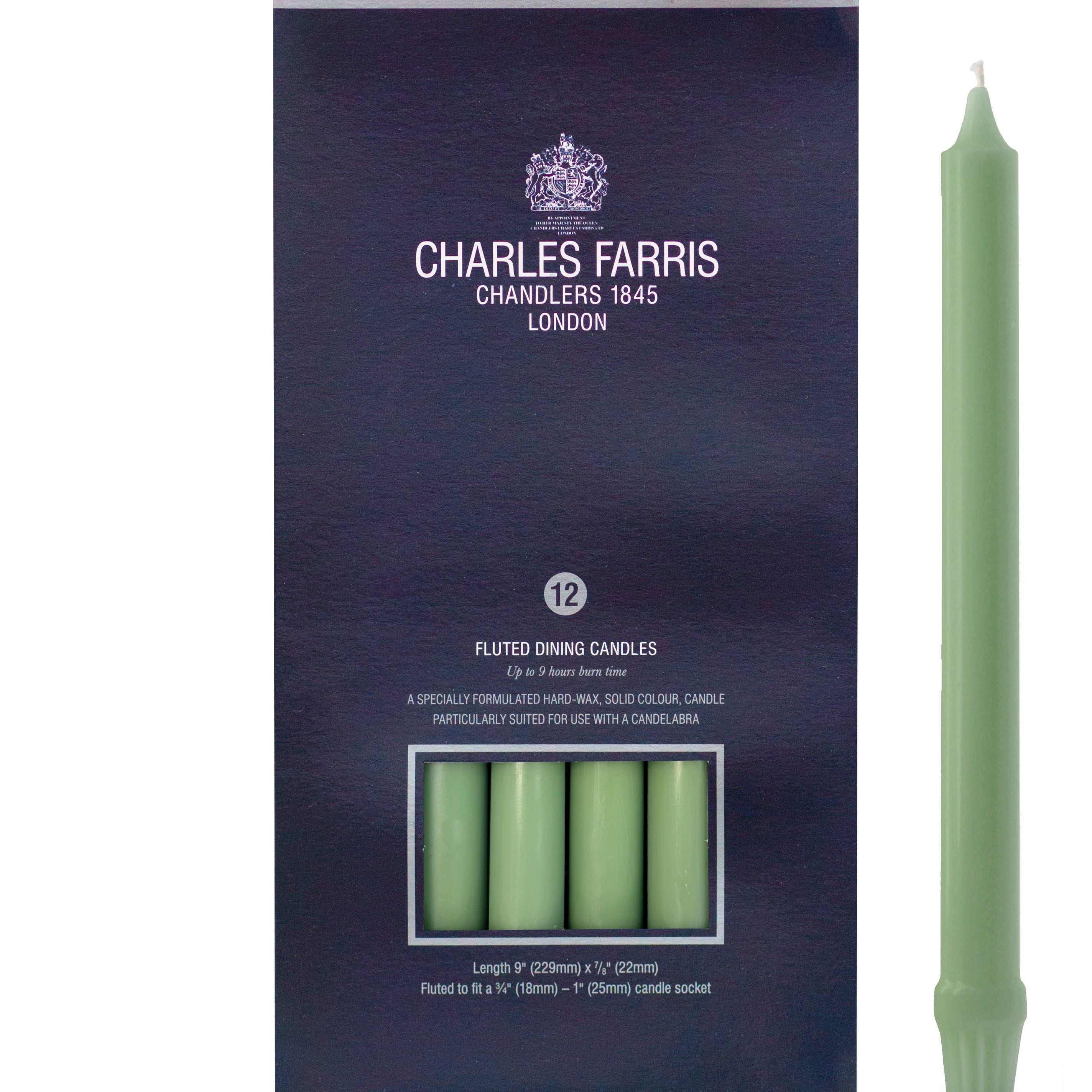 Charles Farris fluted dining candles avocado pale green