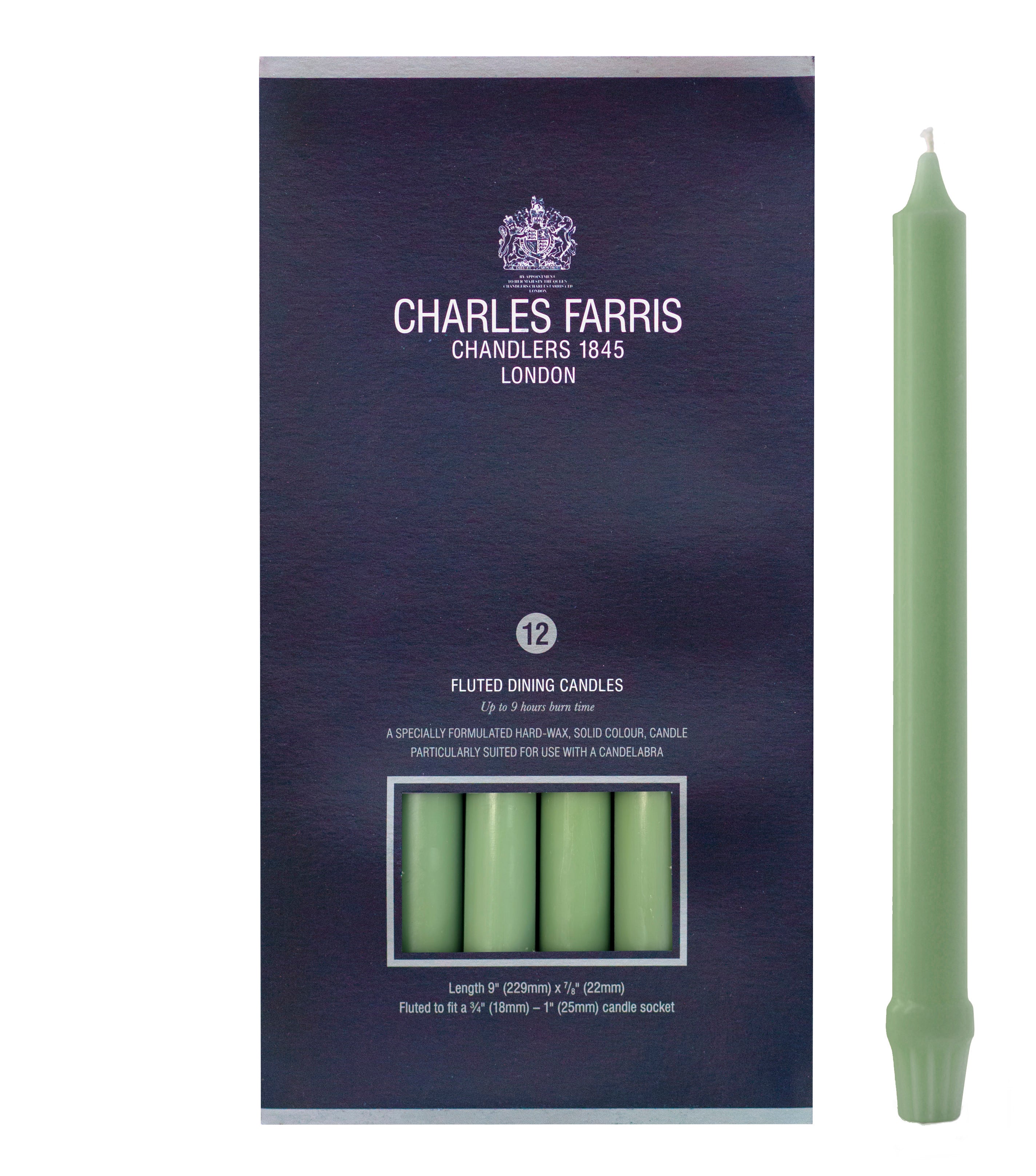 Charles Farris fluted dining candles avocado pale green
