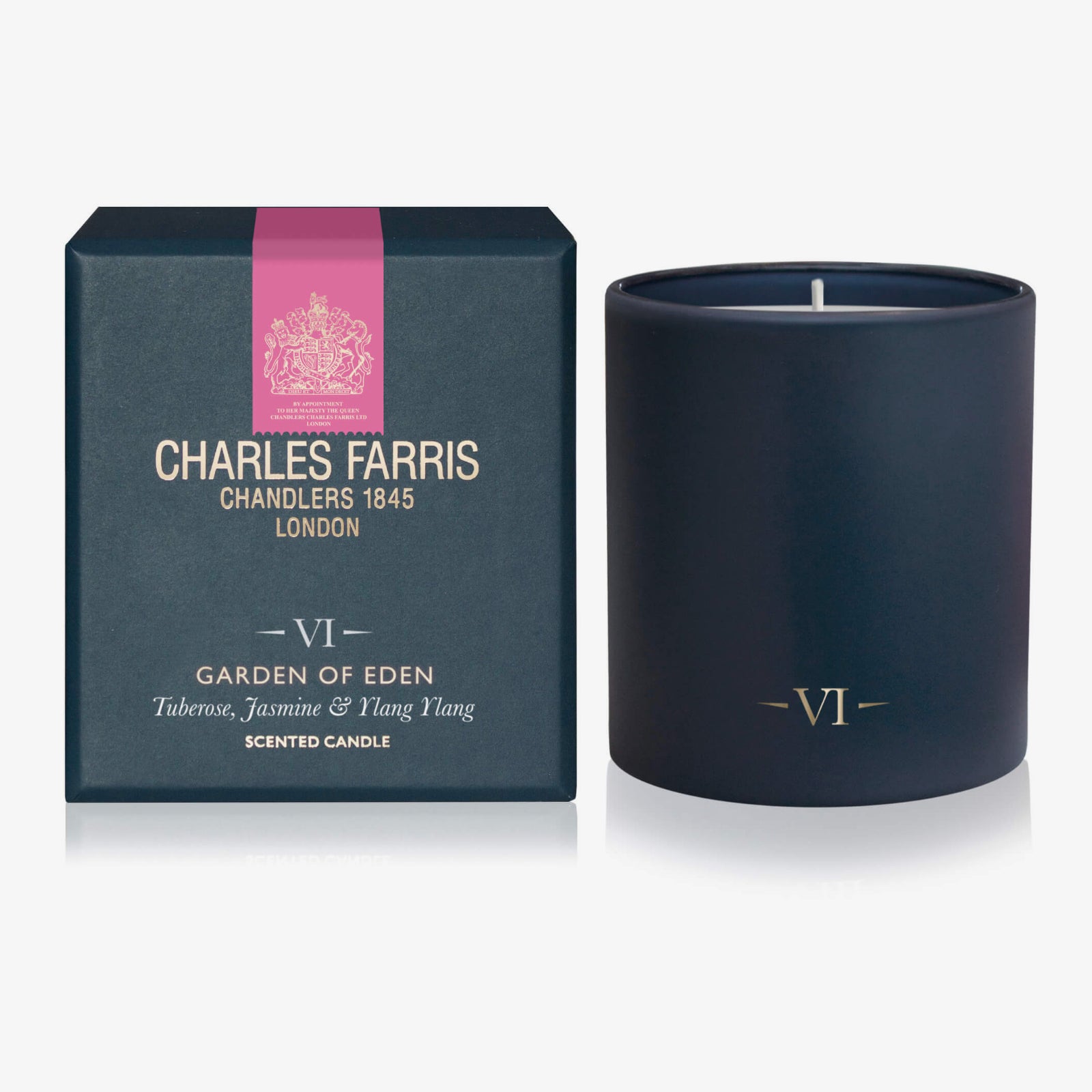 Charles Farris scented candle and packaging on a white background