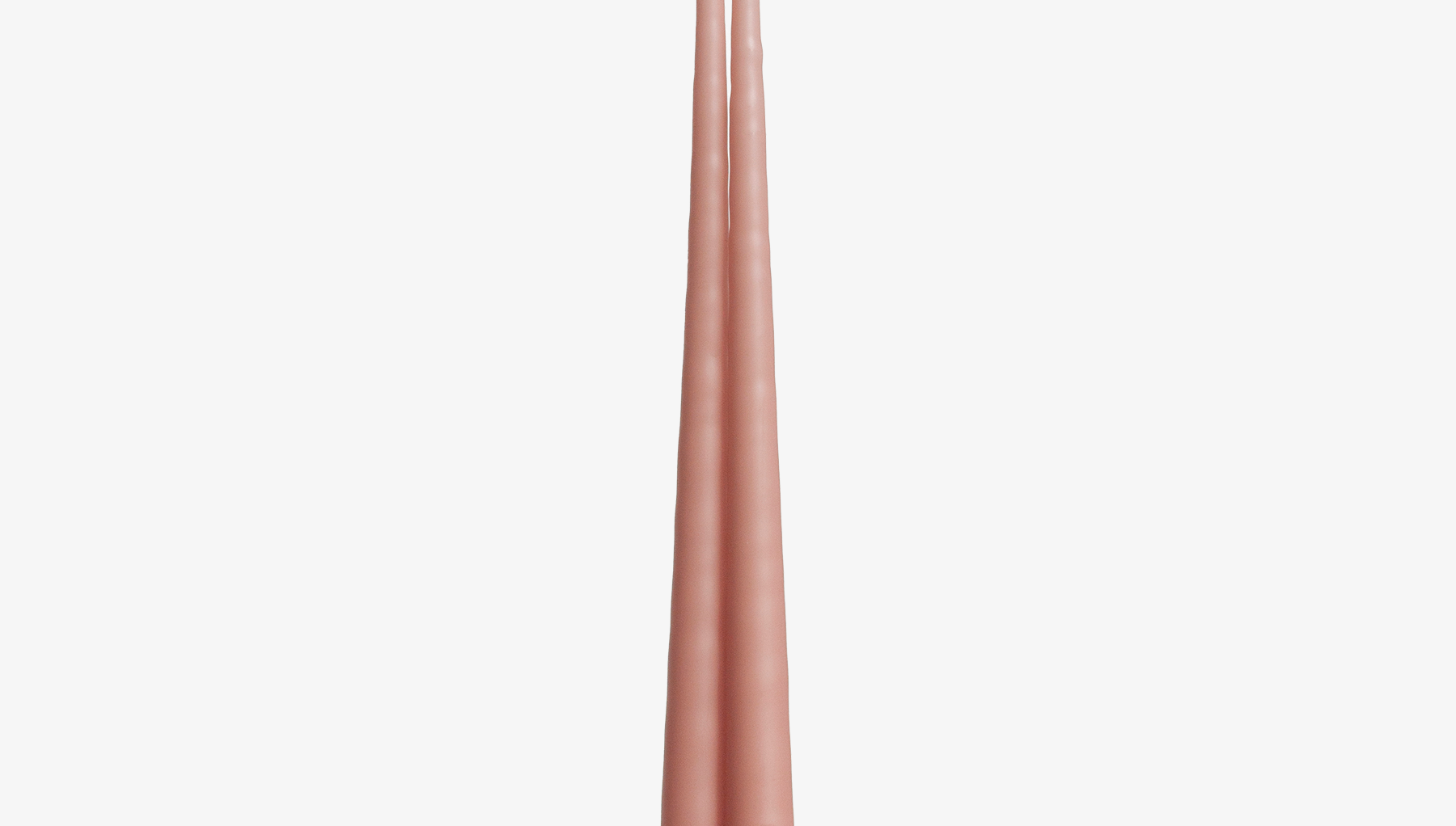 Two tall, thin, rose pink candles on a white background