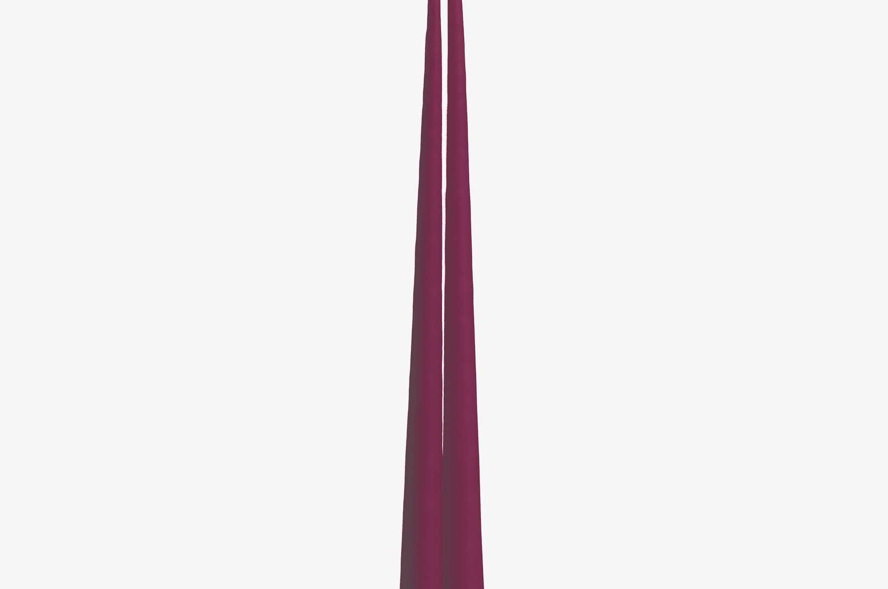 Two tall, thin, purple candles on a white background