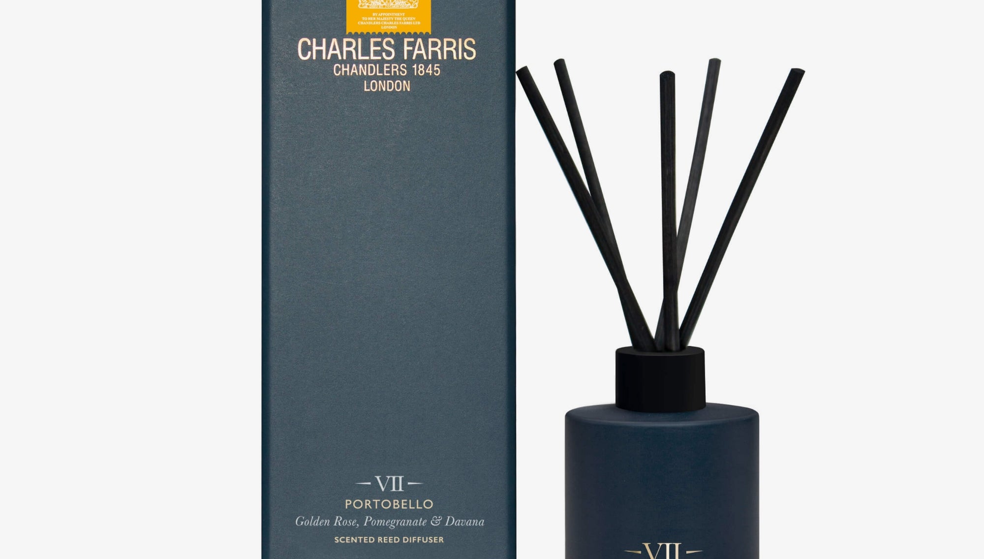 Reed diffuser with packaging labeled 'Charles Farris' on a white background