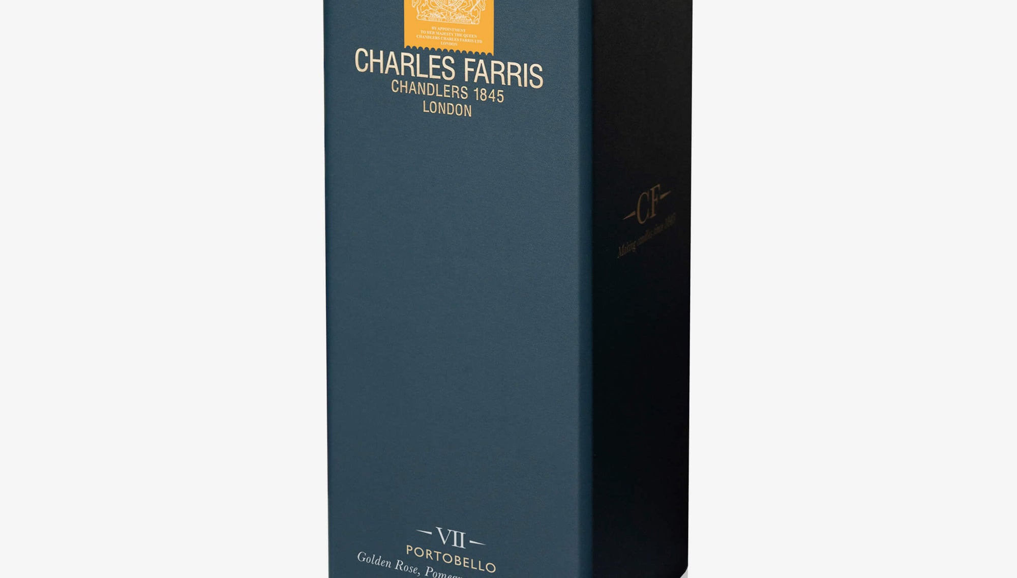 Dark blue packaging box with 'Charles Farris' branding on a white background