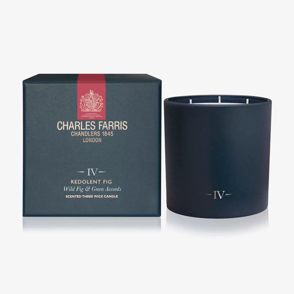 Dark blue candle with 'Charles Farris' packaging on a white background