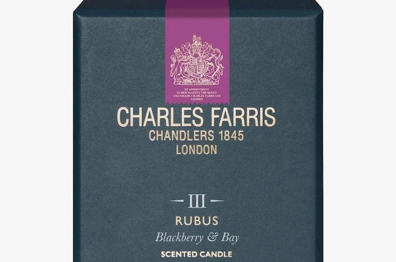 Dark blue box with purple stripe featuring Charles Farris branding on a white background