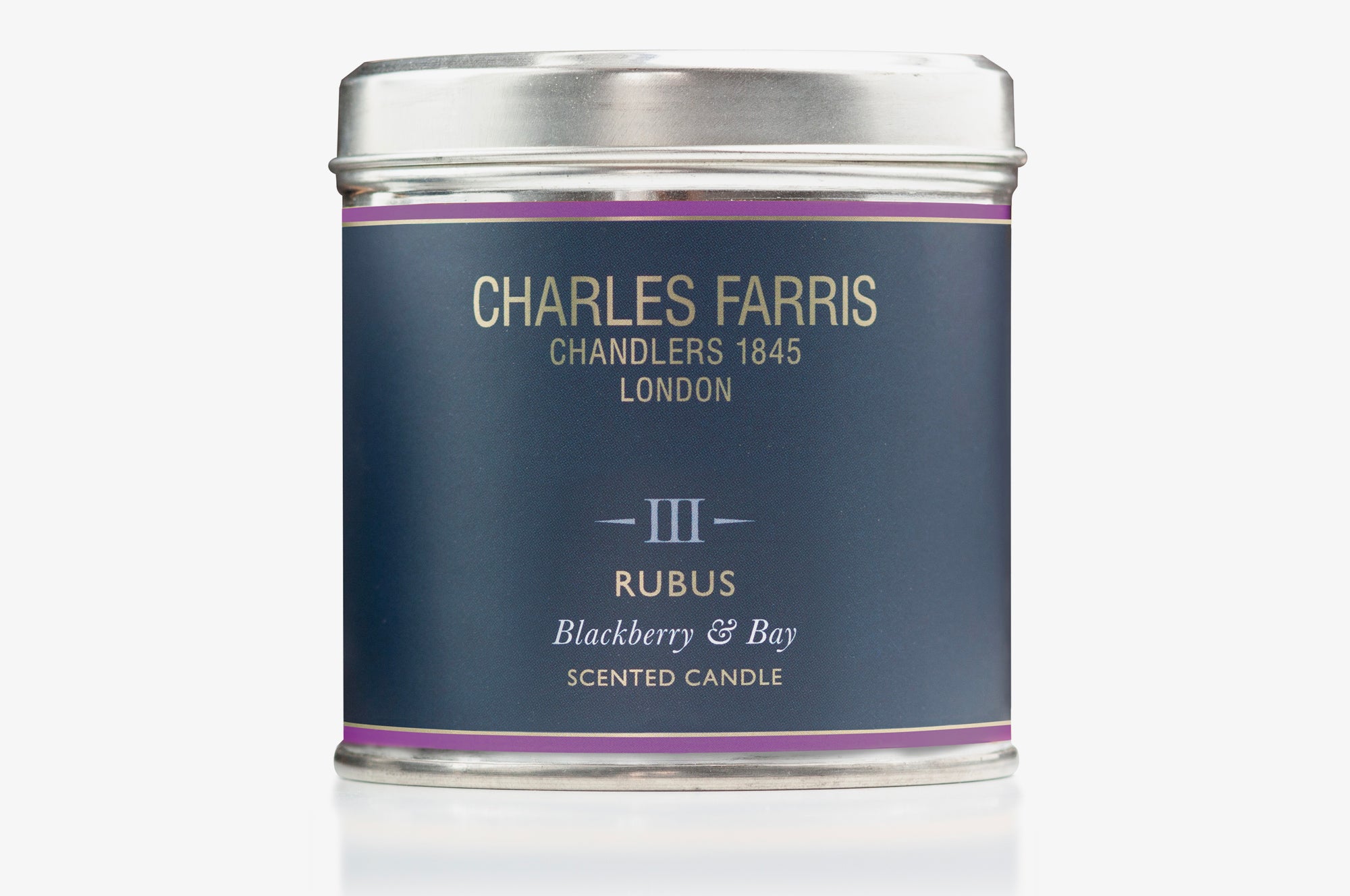 Rubus scented candle tin labeled 'Charles Farris' on a white background