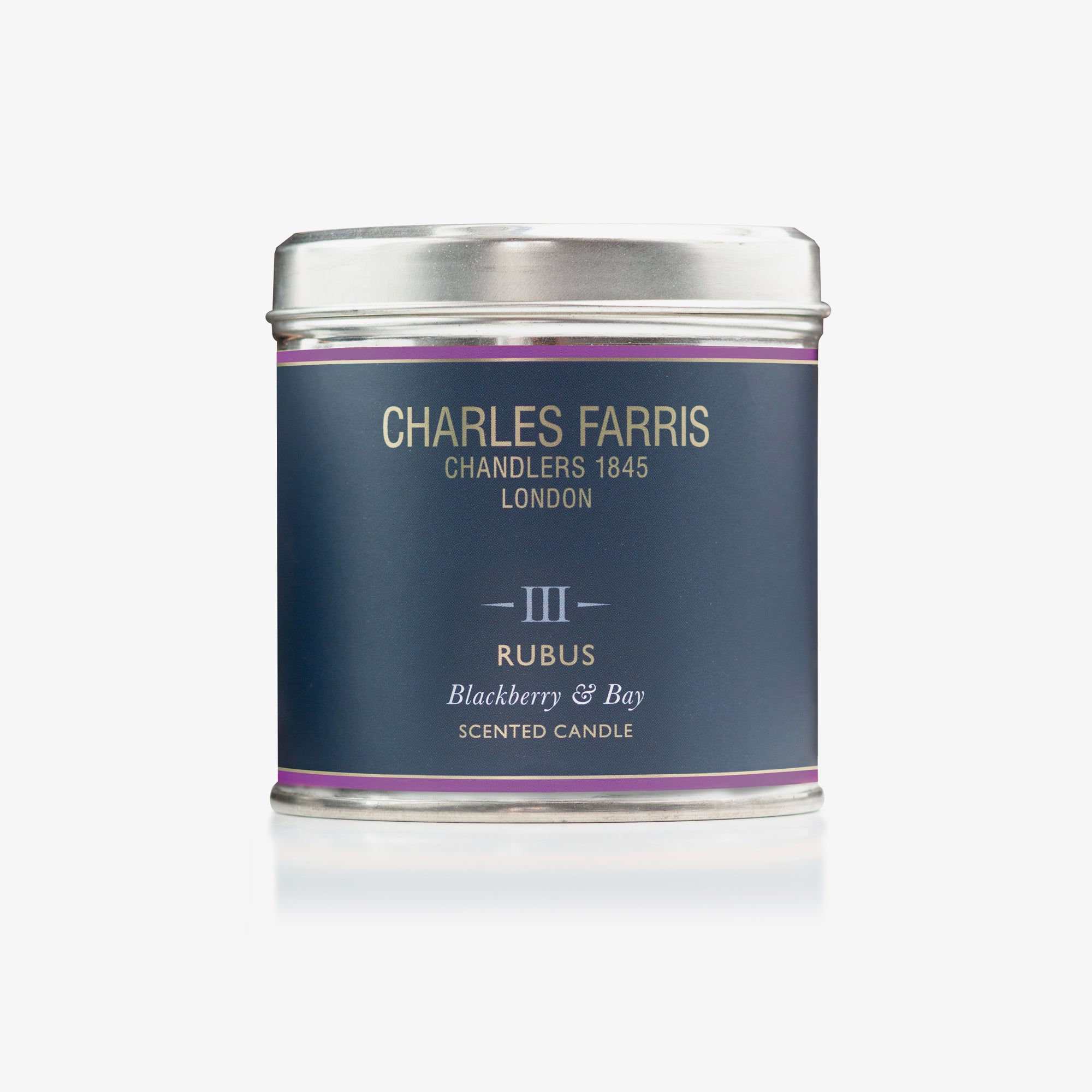 Rubus scented candle tin labeled 'Charles Farris' on a white background