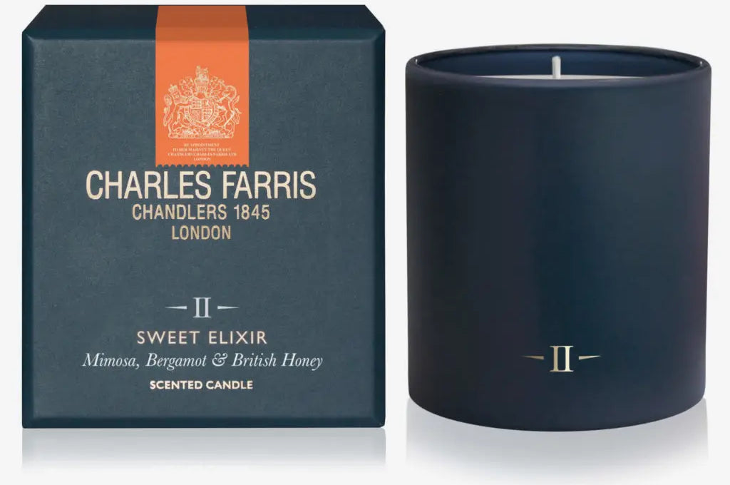 Charles Farris scented candle and packaging on a white background