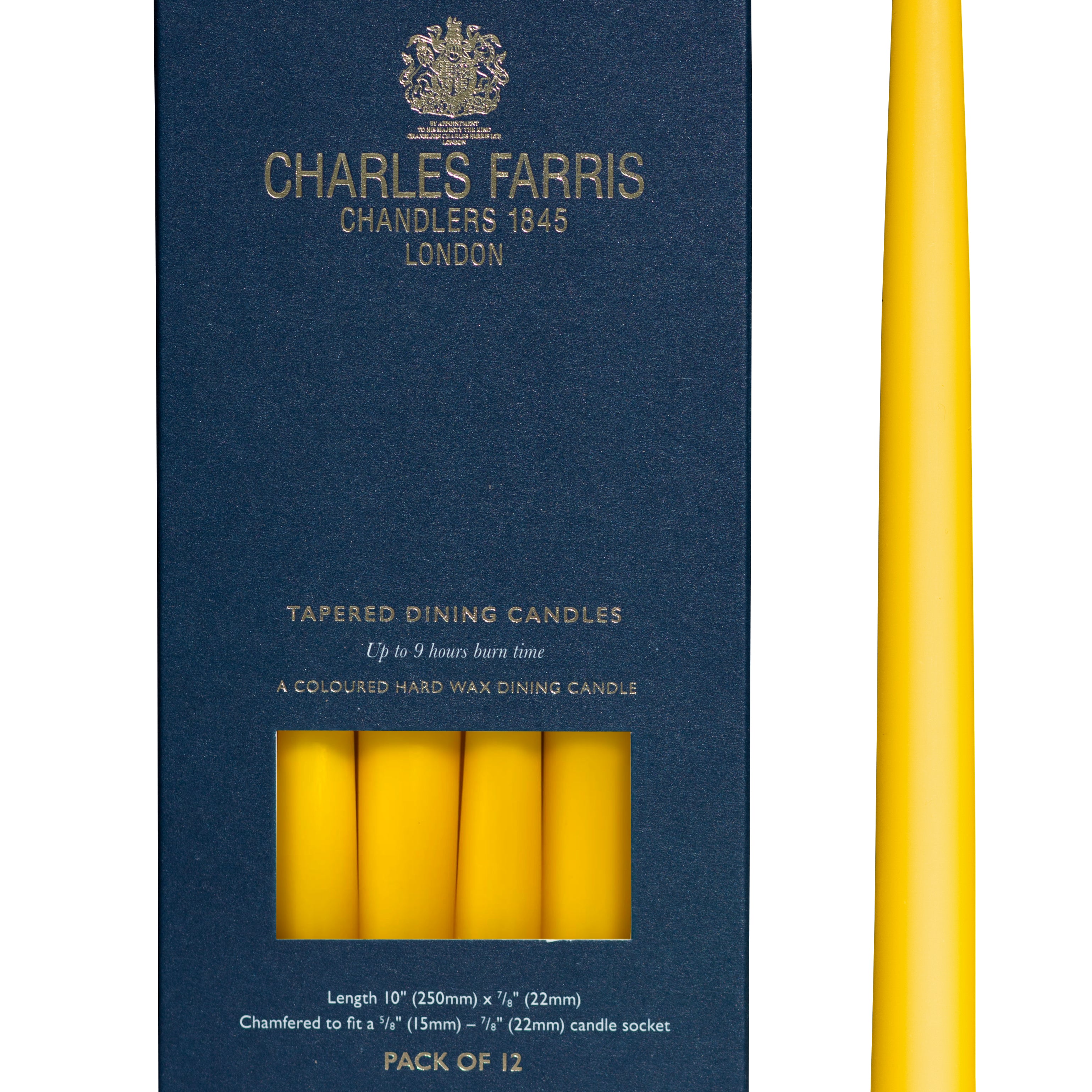 Charles Farris box of 12 buttercup yellow tapered dinner candles hand made in England