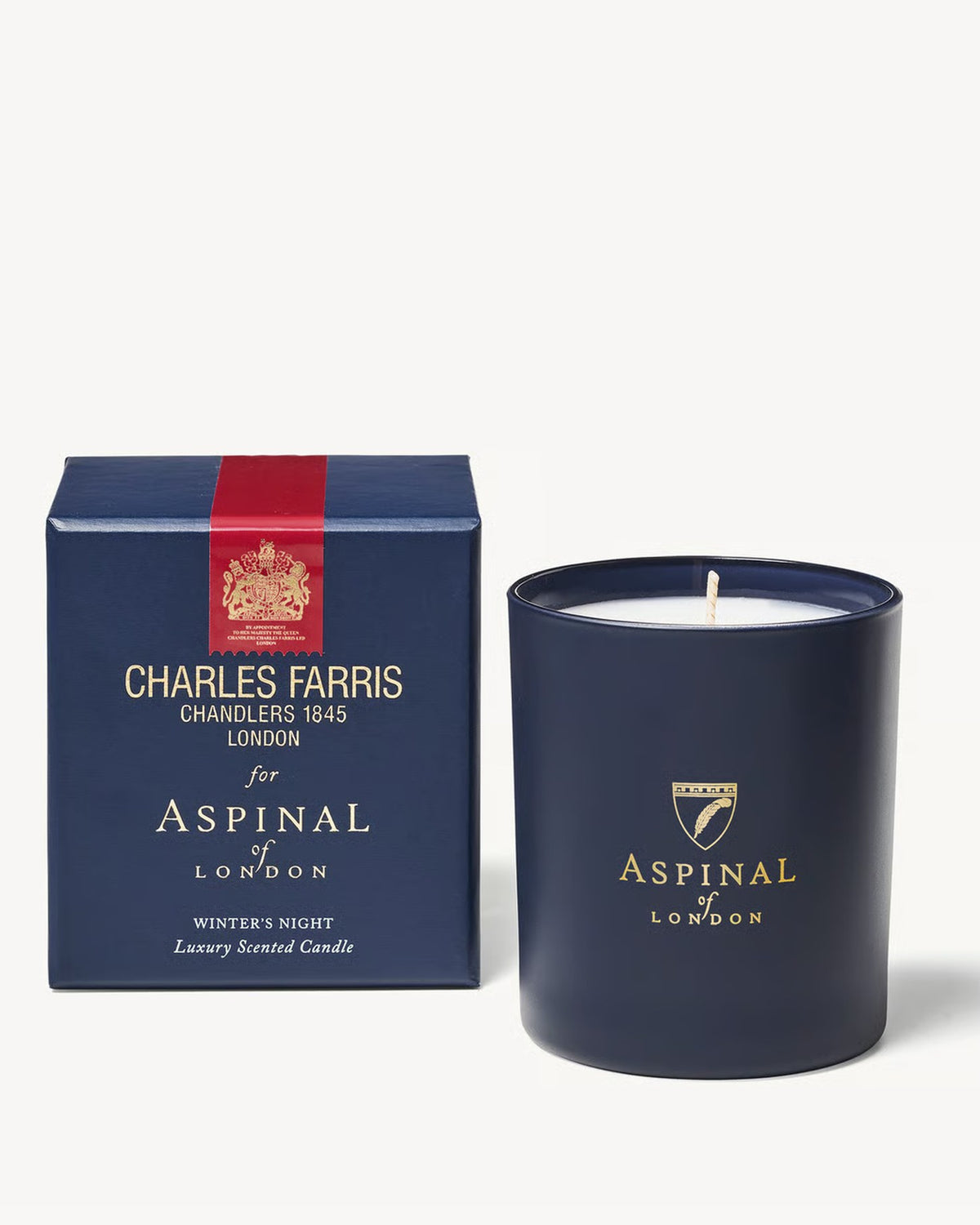 Charles Farris for Aspinal of London Winter's Night branded luxury scented candle with navy and red gift box, a bespoke corporate gift