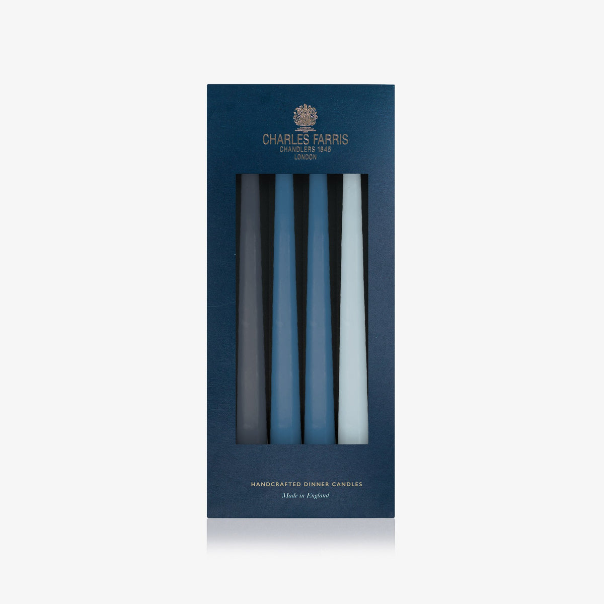 Charles Farris blue tonal hanging pair dinner candles in navy, deep blue and pale blue, three pairs in their navy box, made in England