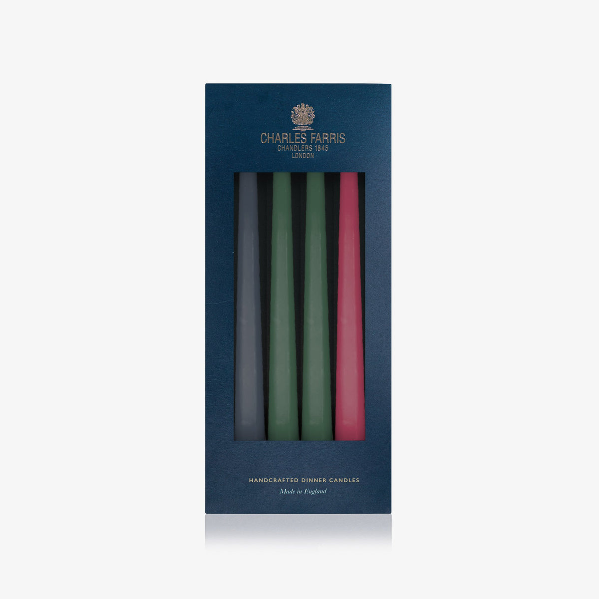 Charles Farris Christmas tonal hanging pair dinner candles in charcoal grey, deep green and red, three pairs in their navy box, made in England