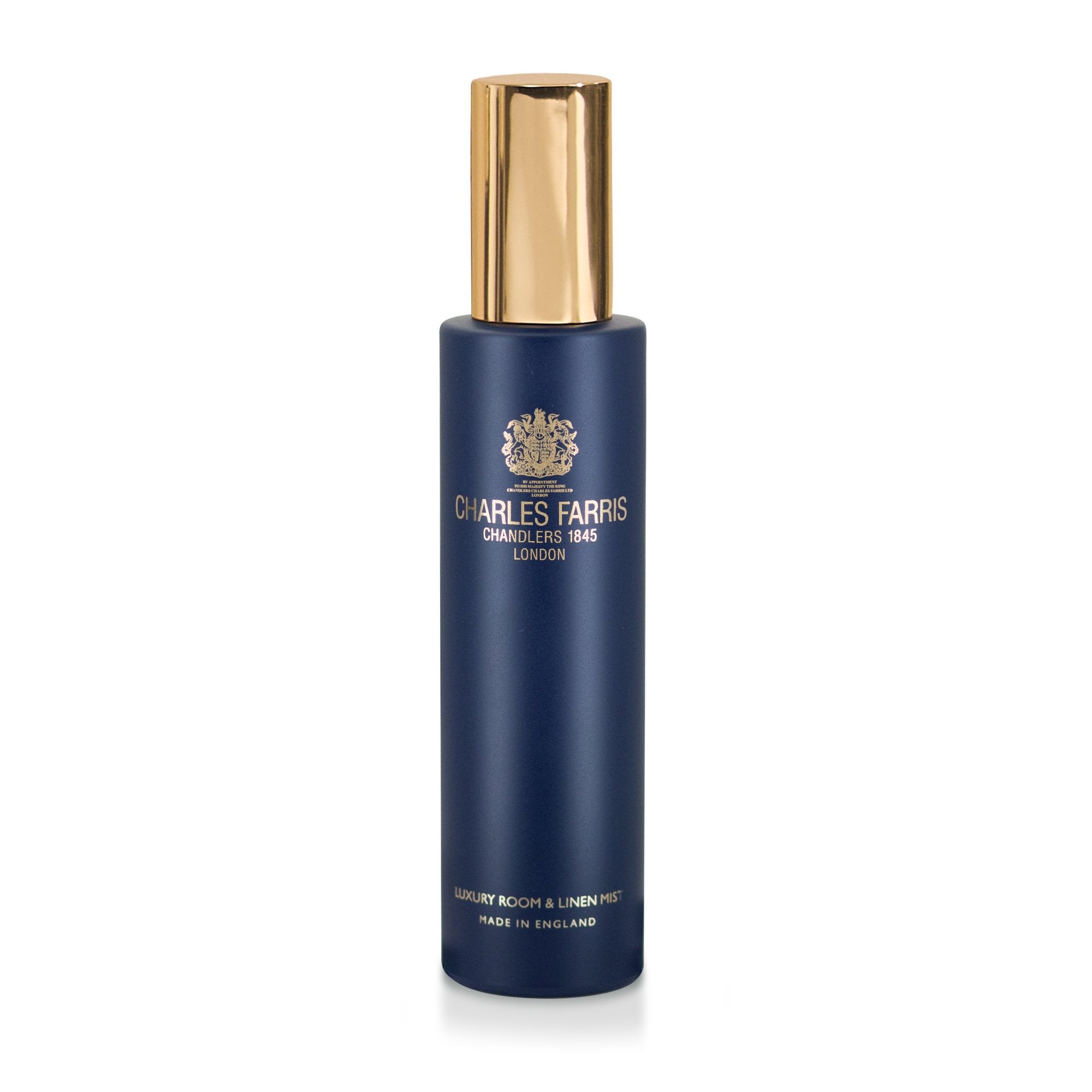 Charles Farris 100ml luxury room and linen mist in a navy glass bottle with polished gold cap