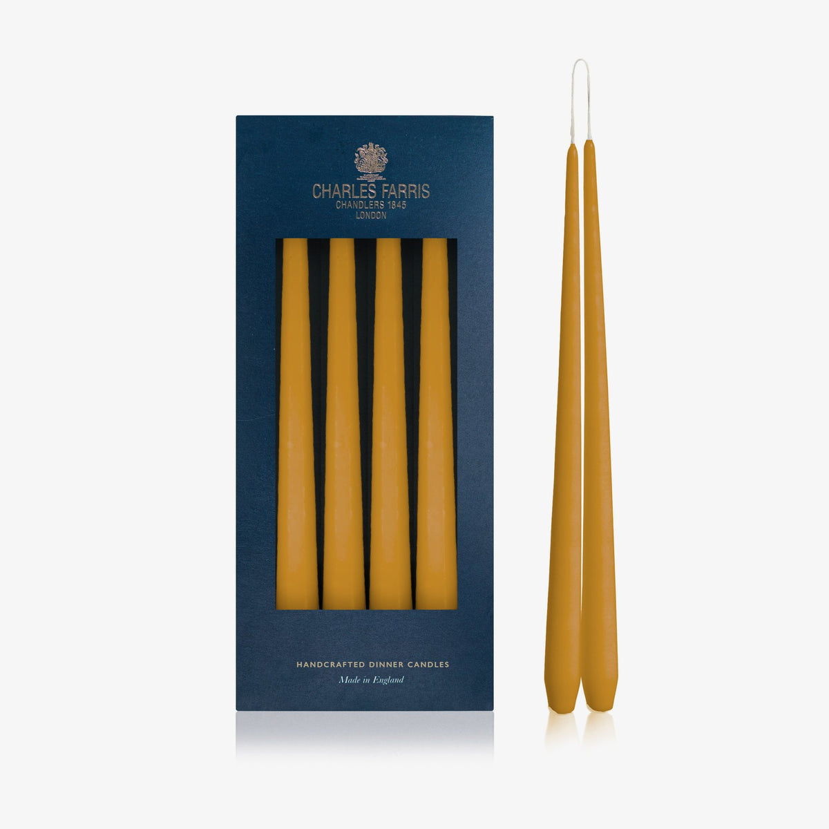 Charles Farris Summer Straw hanging pair dinner candles in their navy box, with one pair joined at the wick, made in England