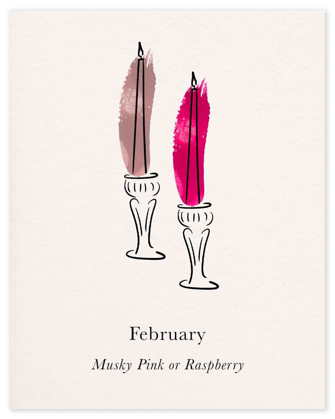 Watercolour illustration of two dinner candles in Musky Pink and Raspberry, the February colours in the Charles Farris dinner candle subscription