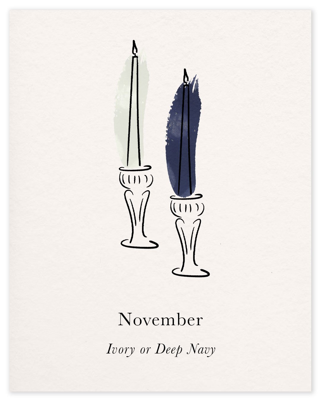 Watercolour illustration of two dinner candles in Ivory and Deep Navy, the November colours in the Charles Farris dinner candle subscription