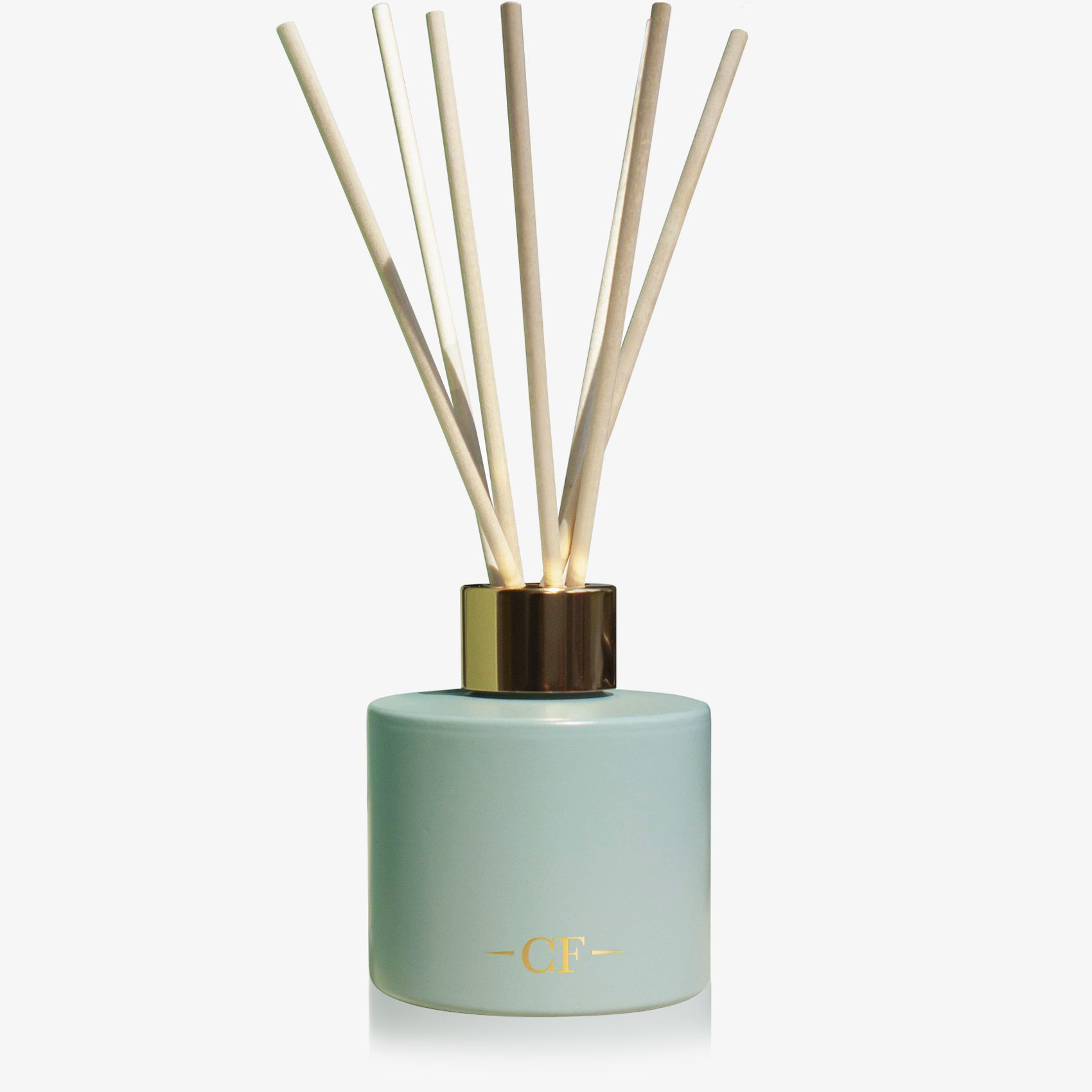 Diffuser with wooden sticks in a light green container on a white background