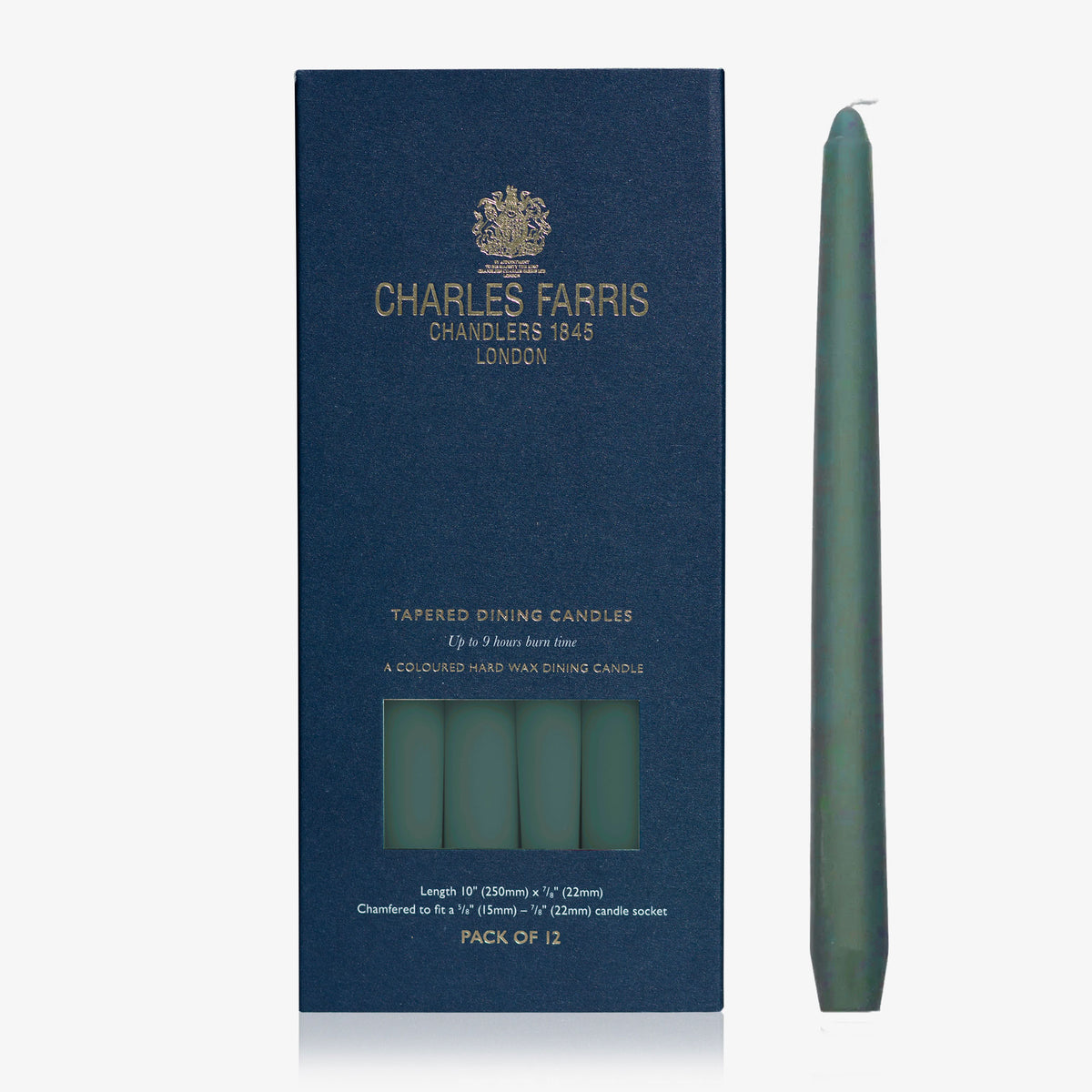 Charles Farris sage green tapered dinner candle in its packaging