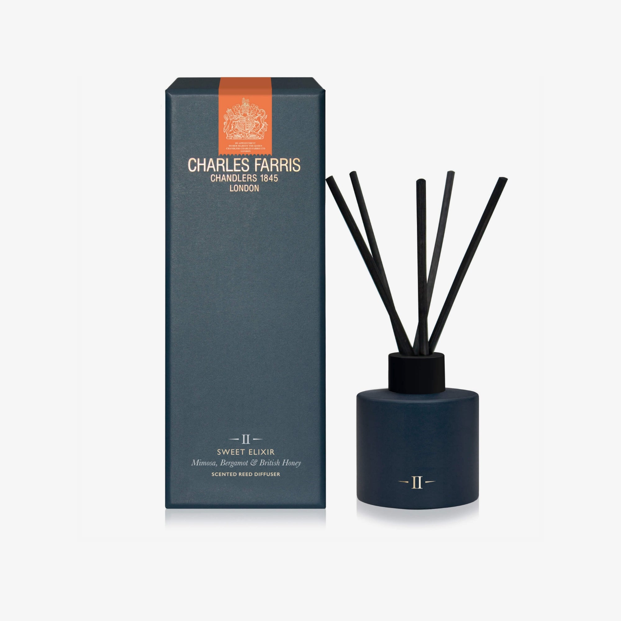Dark blue diffuser bottle with black sticks and packaging on a white background