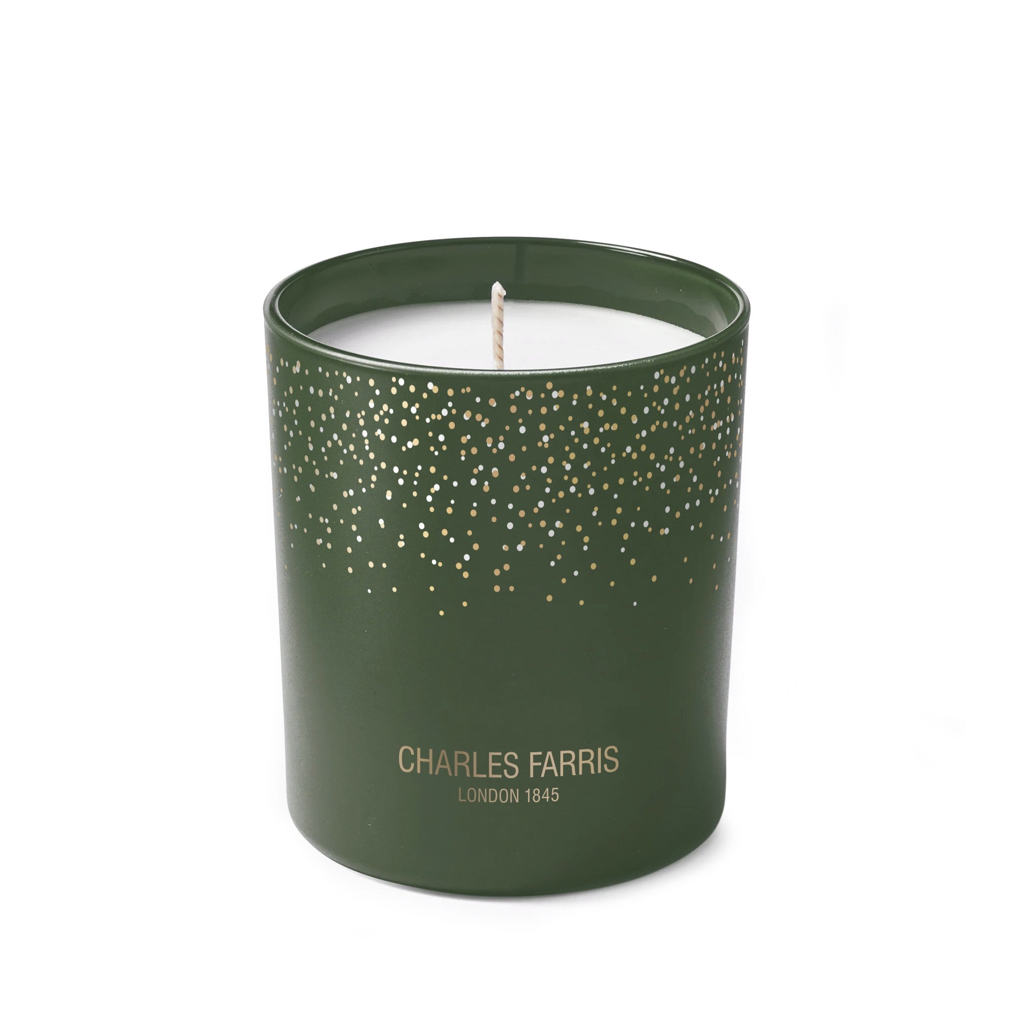 Charles Farris Winter Evergreen Christmas cracker candle, rear view, in eucalyptus, pine, cranberry and cedar