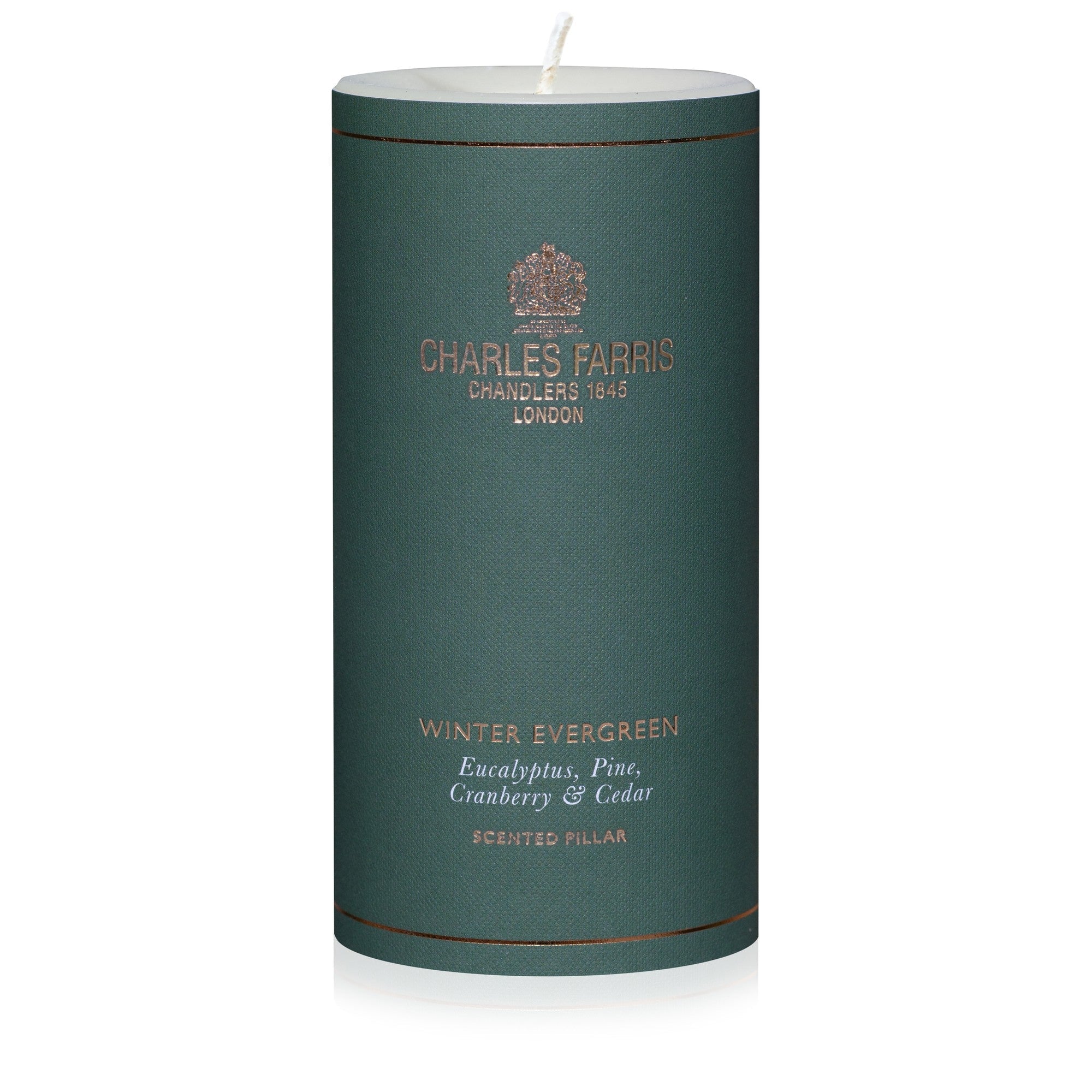 Charles Farris Winter Evergreen pillar candle in eucalyptus, pine, cranberry and cedar