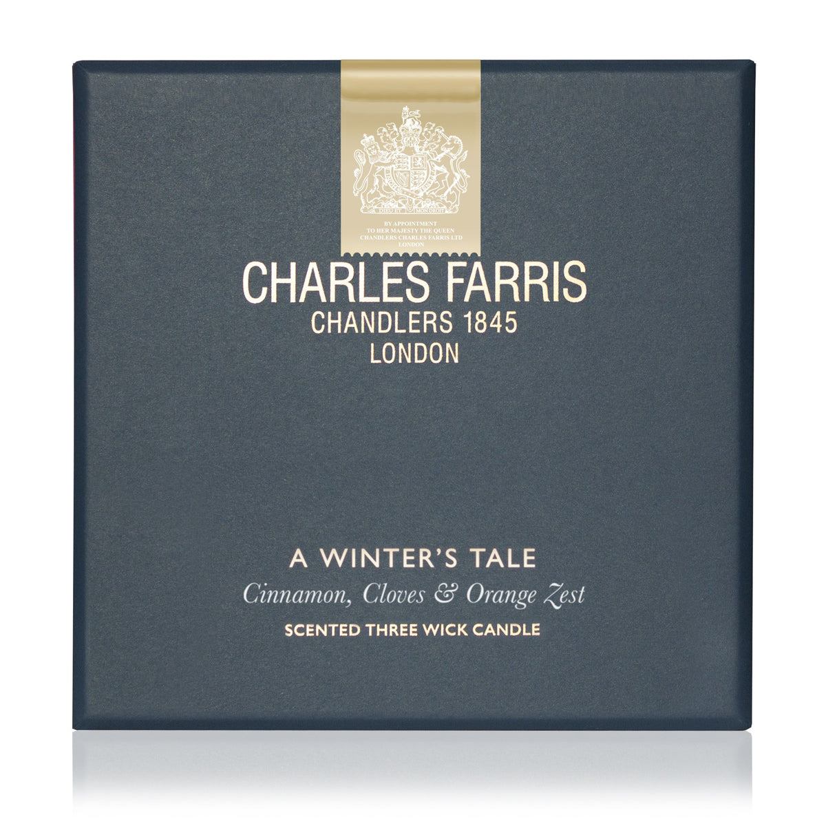 Charles Farris A Winter's Tale three-wick scented candle gift box front in cinnamon, cloves and orange zest