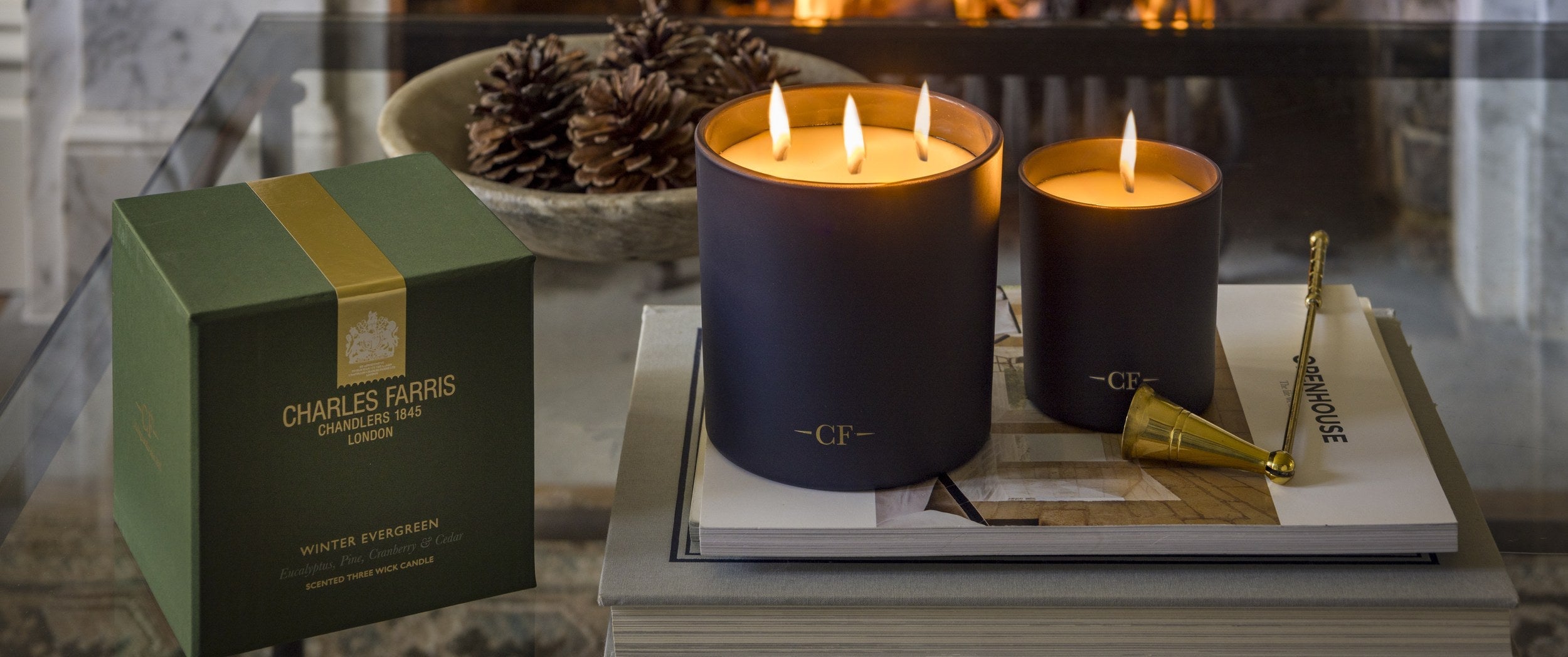 Charles Farris Winter Evergreen collection of hand-poured candles and home fragrances