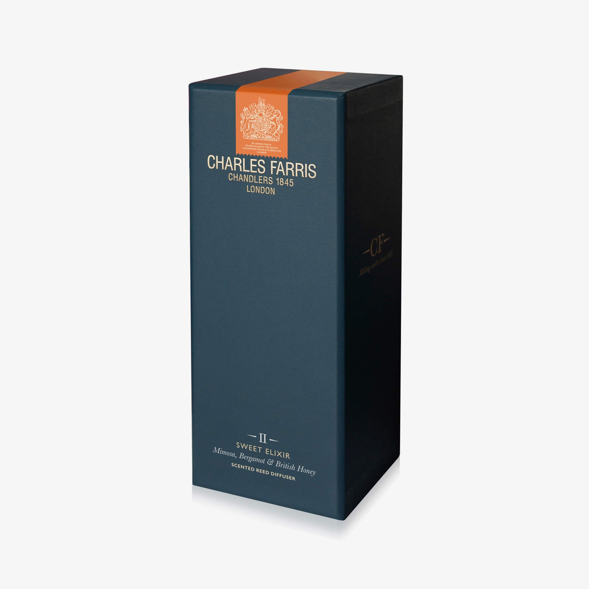 Dark blue box with orange stripe featuring Charles Farris branding on a white background