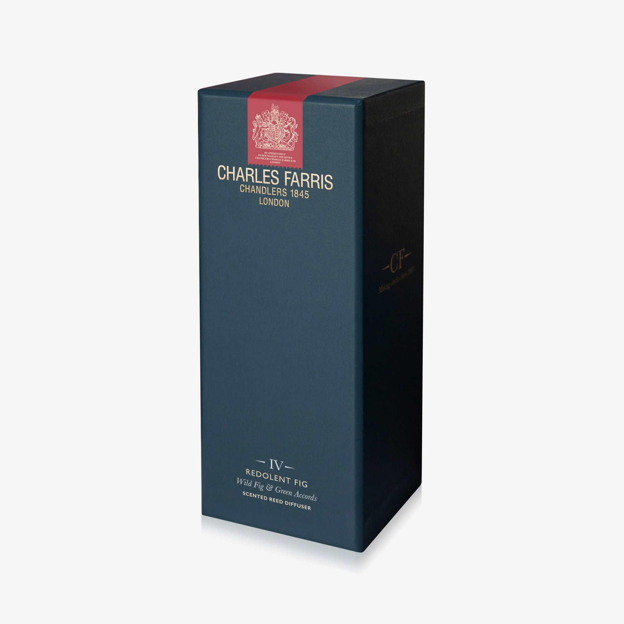 Dark blue box with red label featuring 'Charles Farris' on a white background