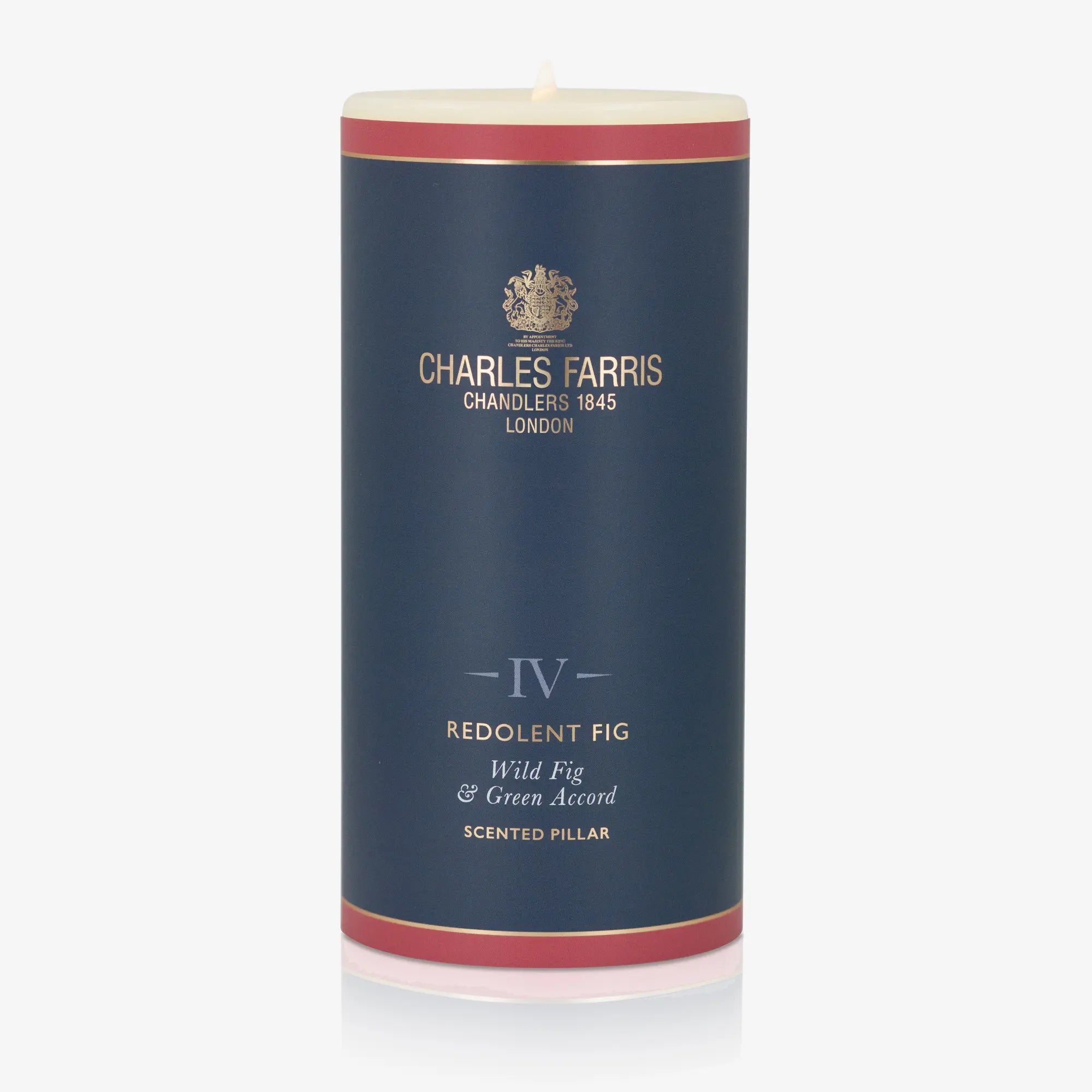 Scented pillar candle with 'Charles Farris' branding on a white background