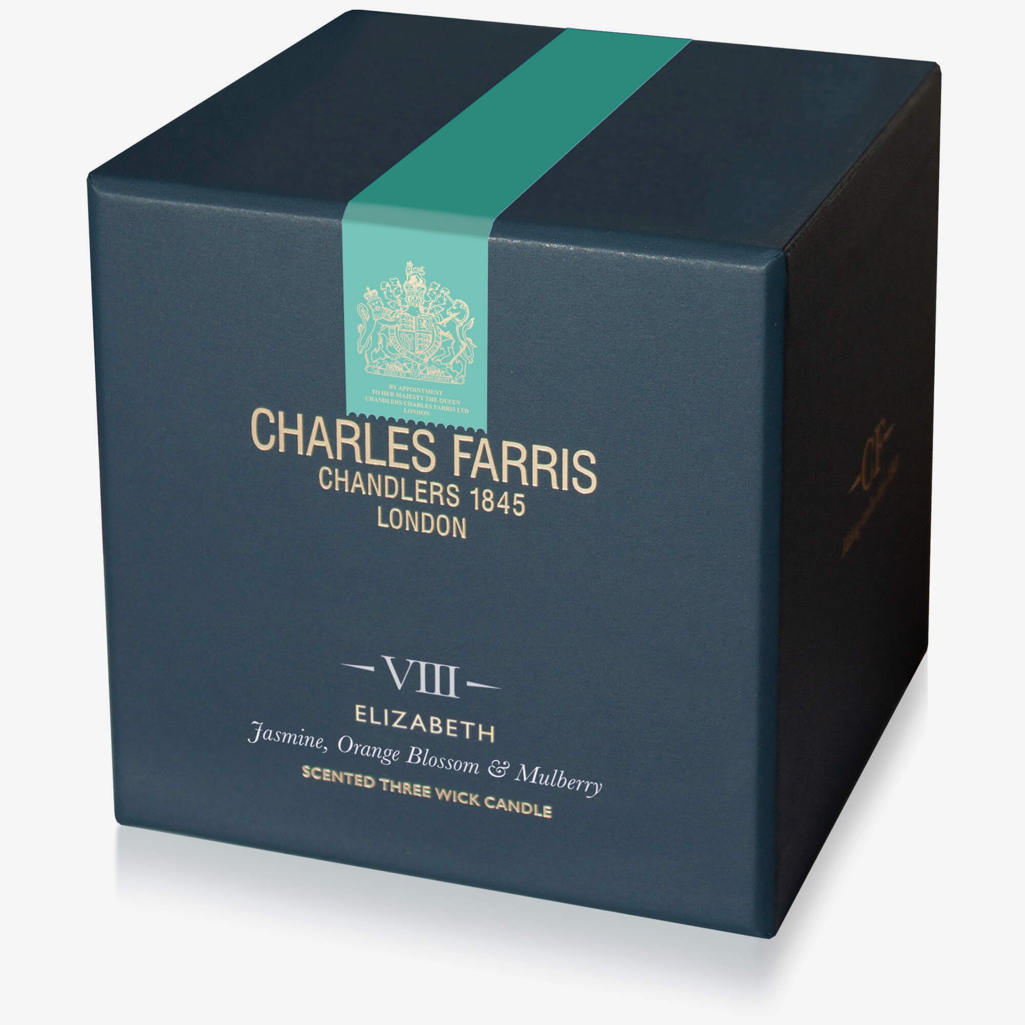 Blue candle box with 'Charles Farris' branding on a white background