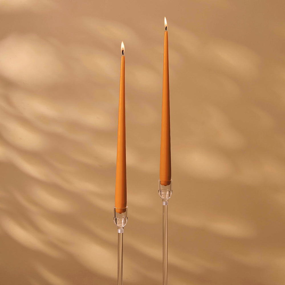 Two tall, orange candles with clear holders on a beige background