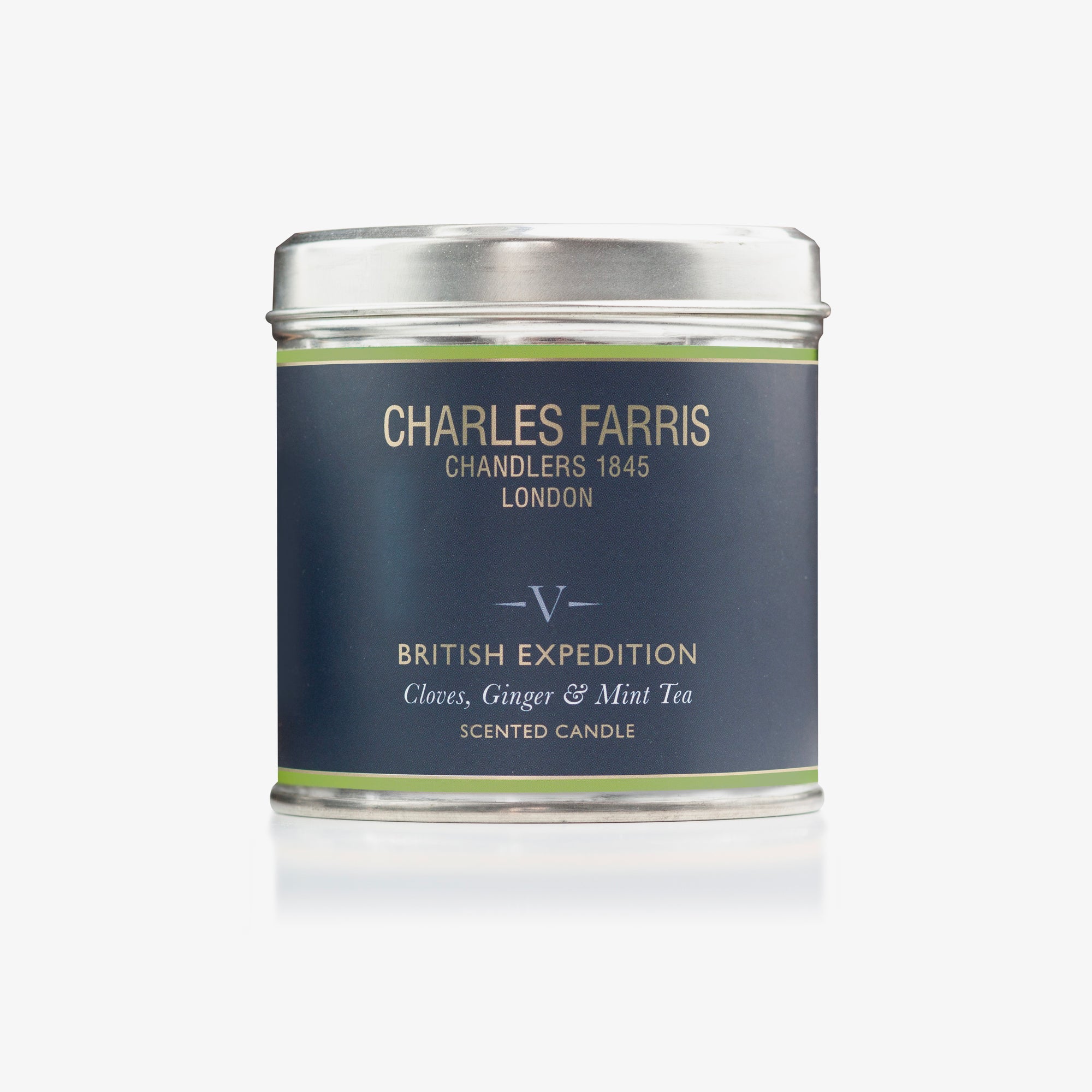 British Expedition scented candle in a tin with 'Charles Farris' branding on a white background