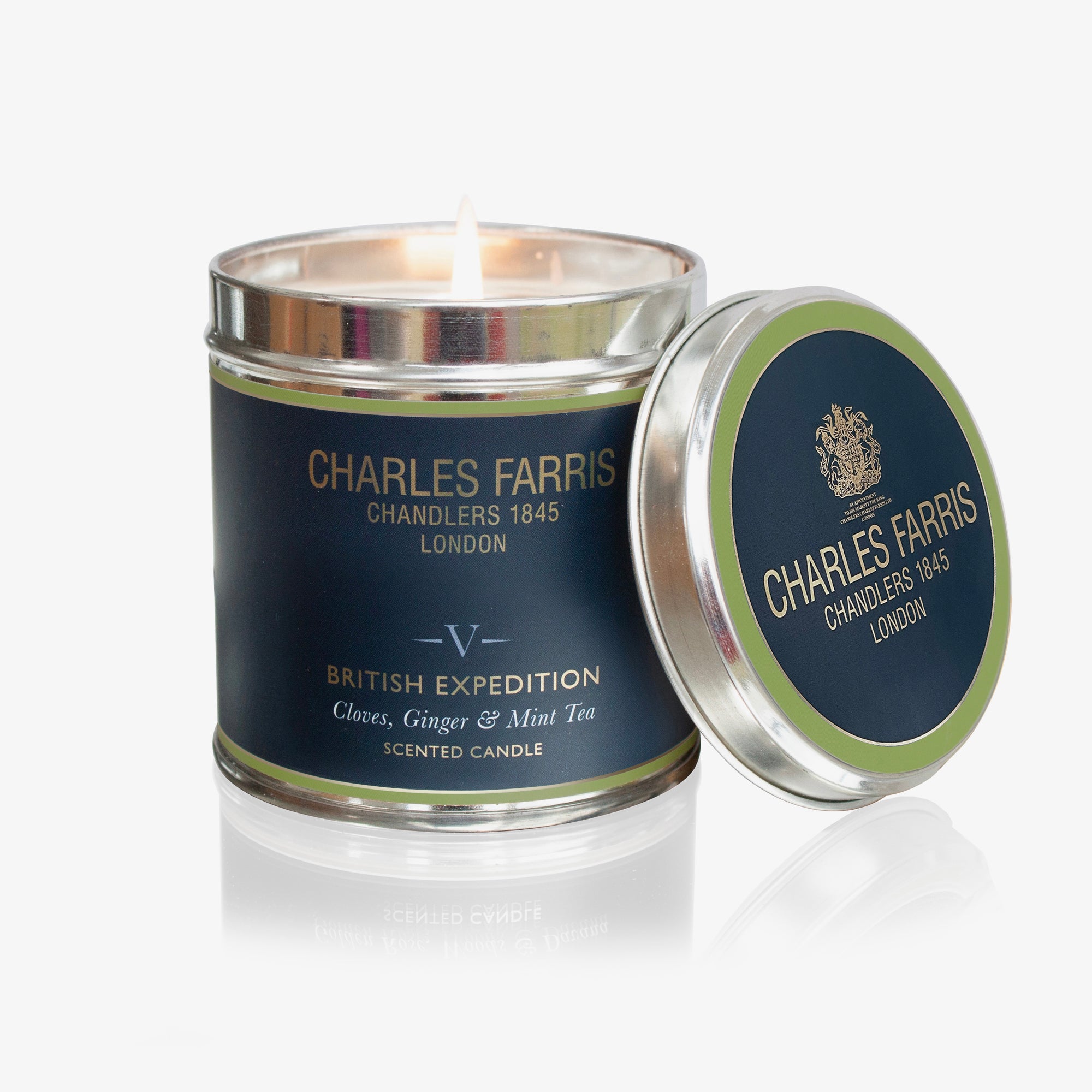 Charles Farris British Expedition scented candle with lid on a white background