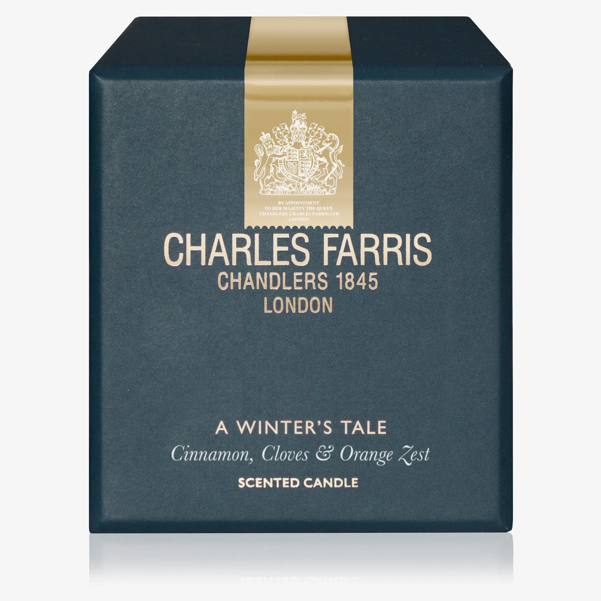 Blue box with gold ribbon and text featuring Charles Farris Chandlers 1845 London on a white background