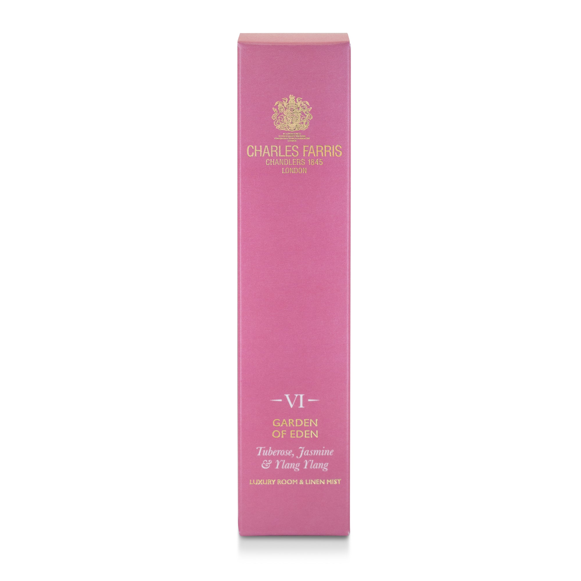 Charles Farris Garden of Eden tuberose, Yasmine, Ylang Yang room mist scented home spray pink packaging.