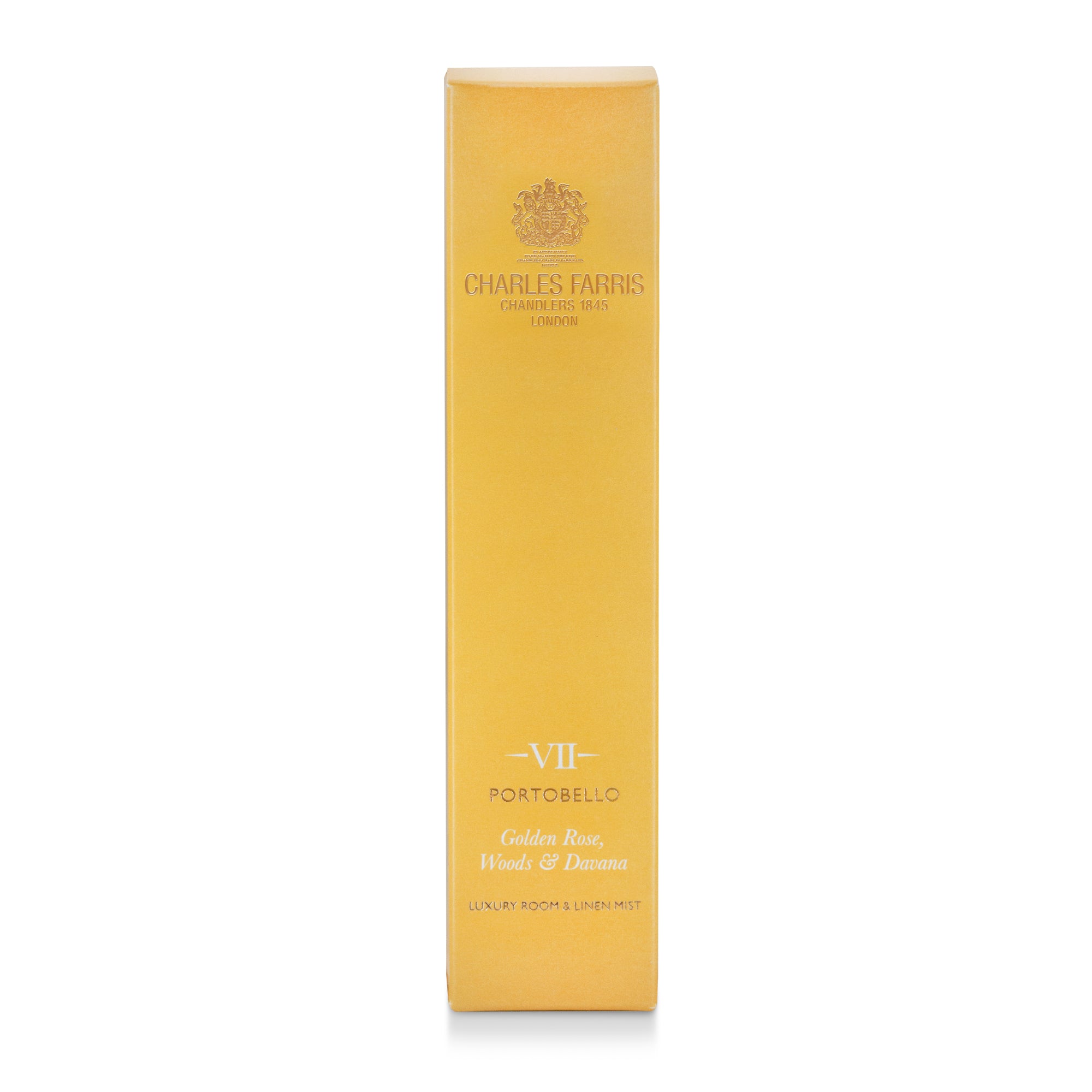 Charles Farris Portobello rose and oak room mist scented home spray yellow packaging.