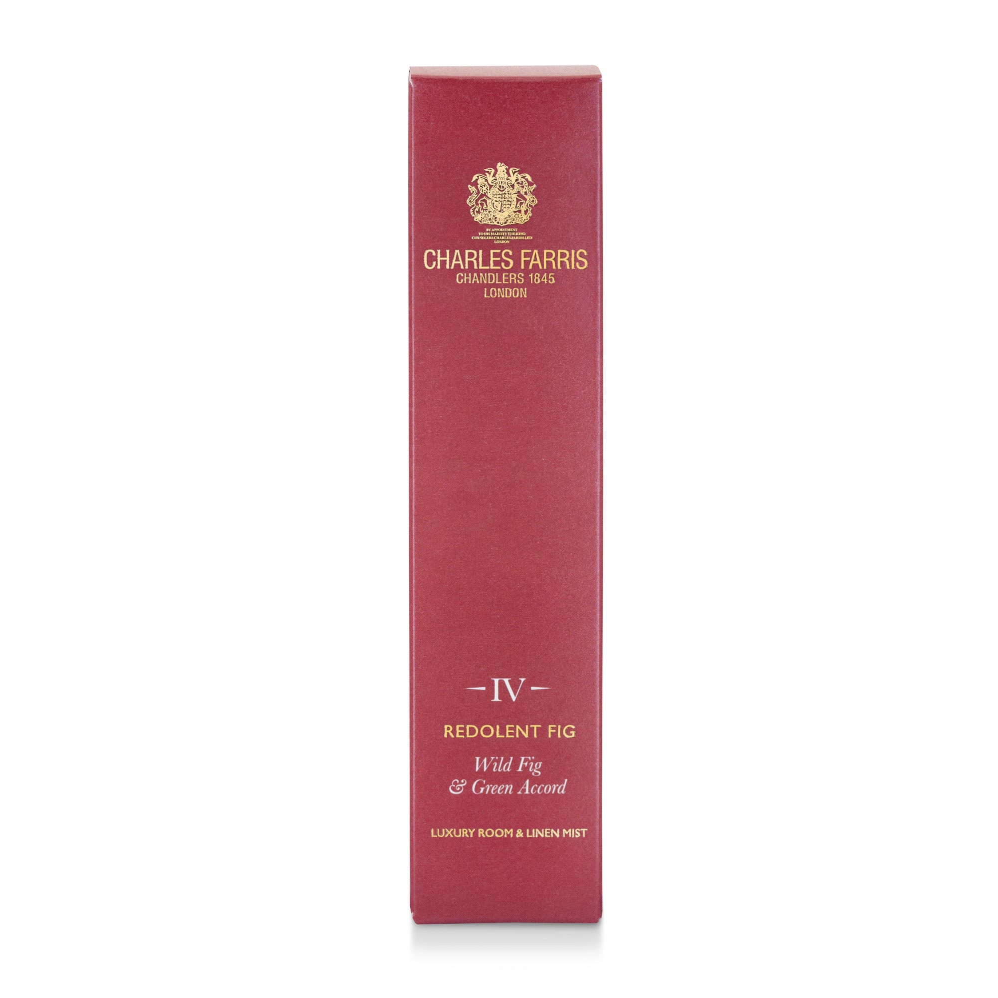 Red rectangular box for Charles Farris Redolent Fig and Green Accord premium room spray, scented home and linen mist.