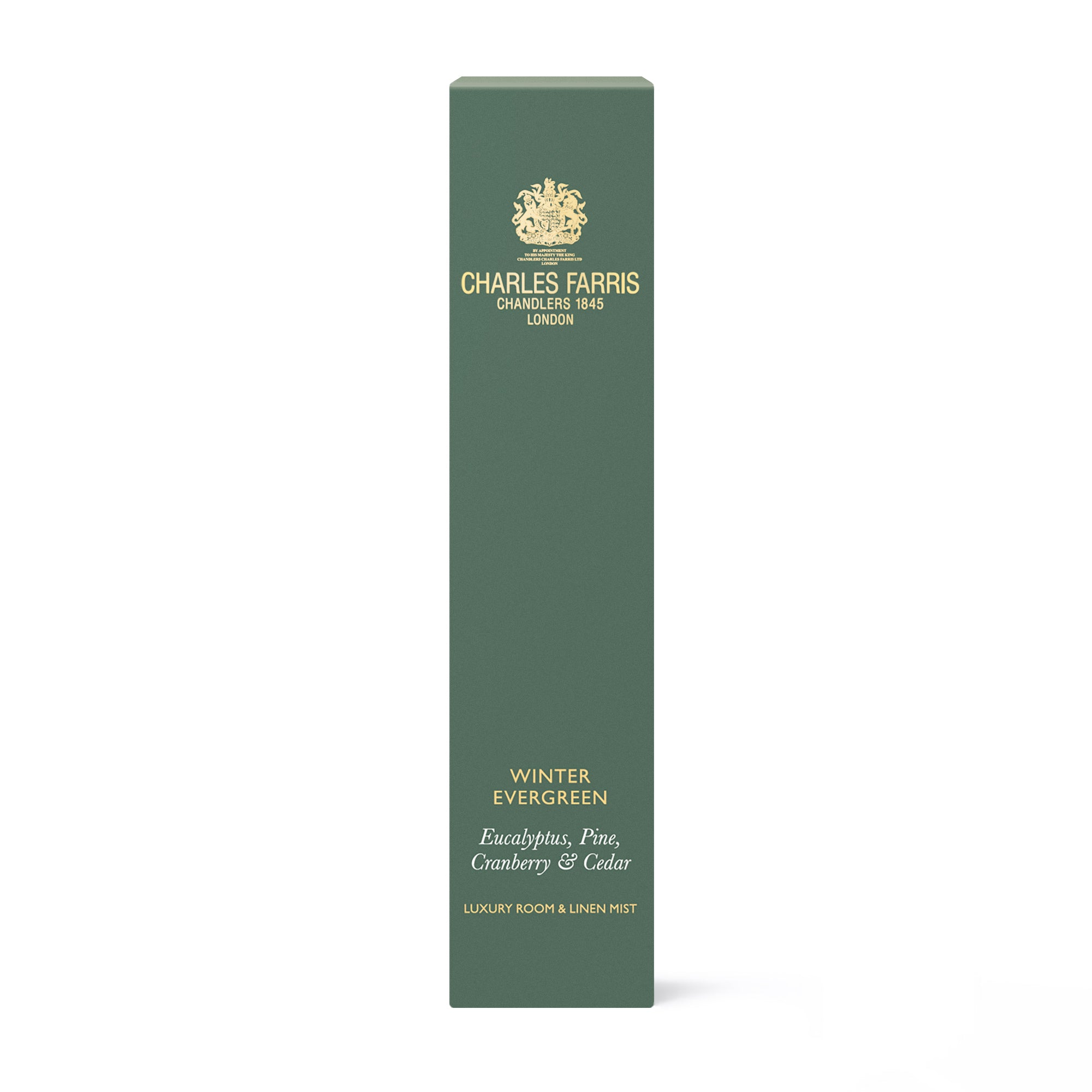 Charles Farris Winter Evergreen eucalyptus, pine, cranberry & cedar room mist scented home spray green packaging.