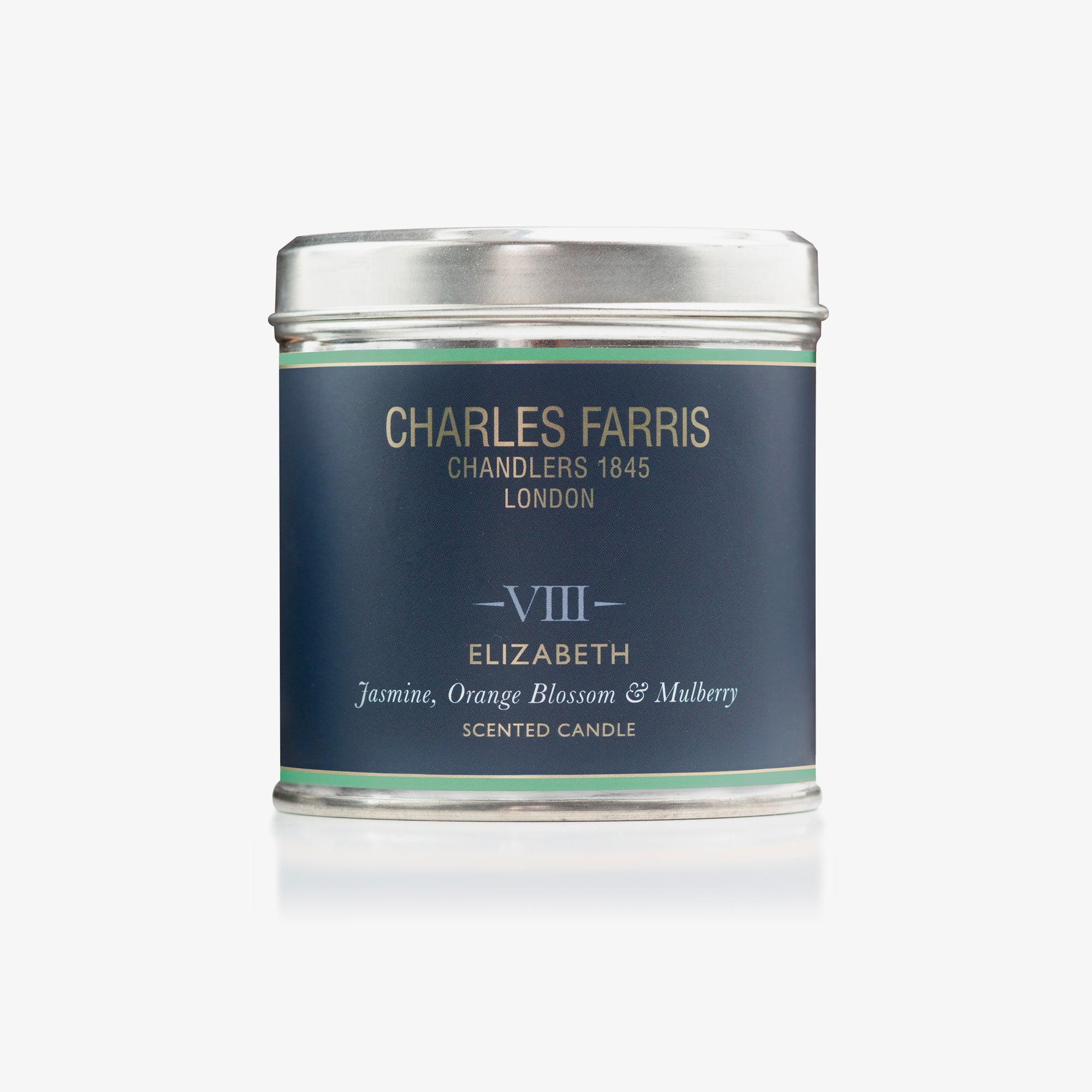 Scented candle tin Elizabeth labeled 'Charles Farris' on a white background