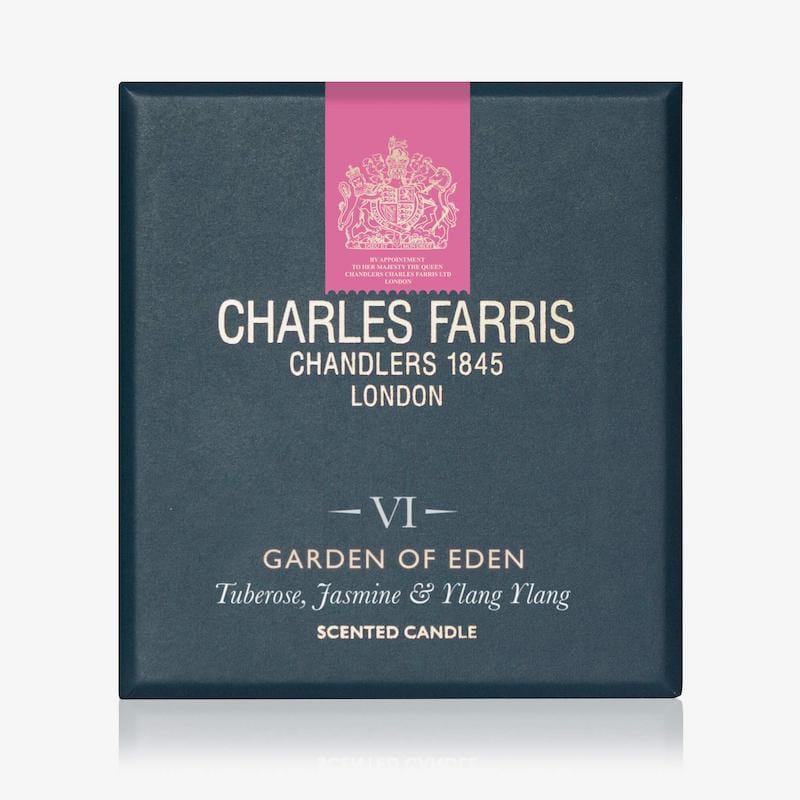 Charles Farris scented candle packaging with a pink label on a white background