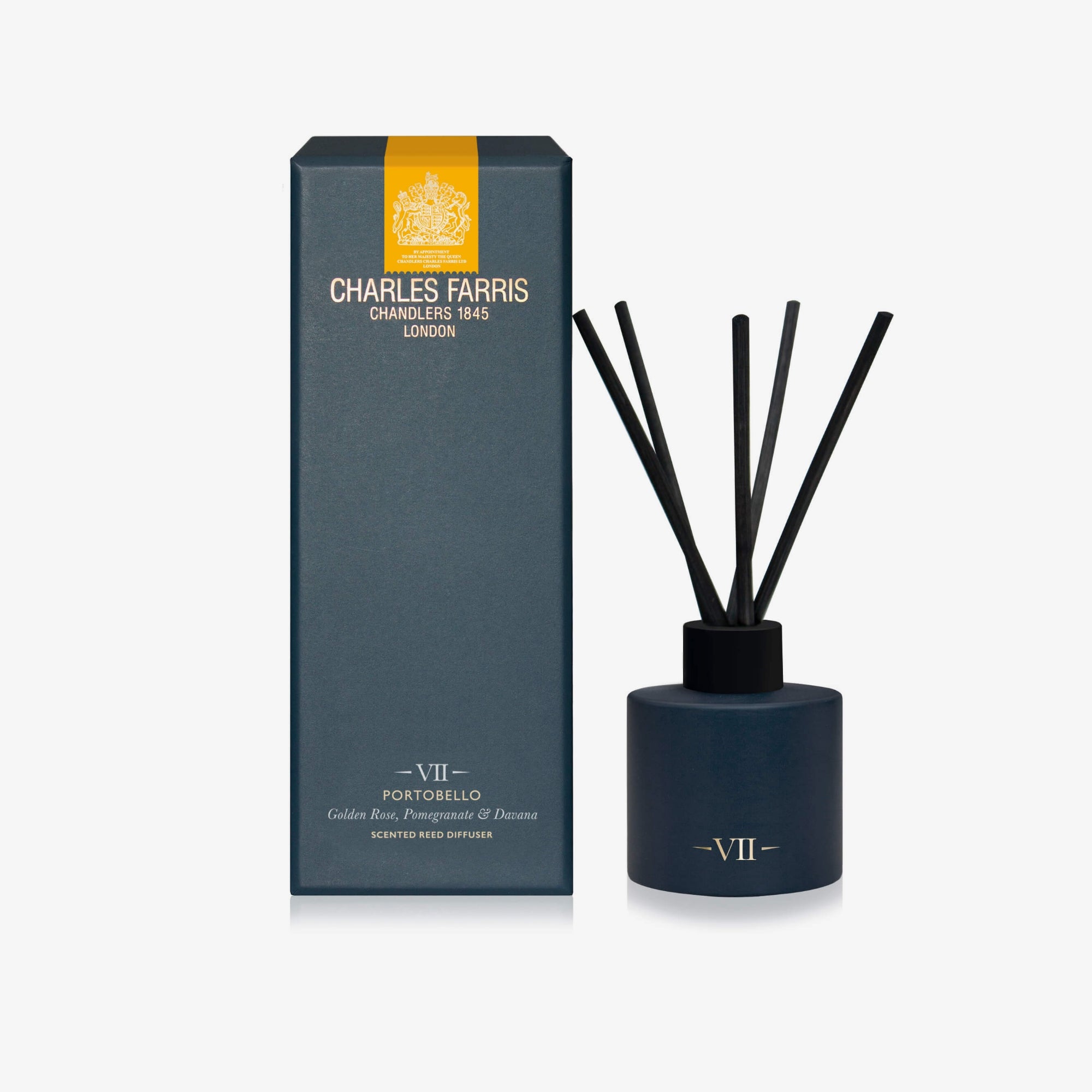 Reed diffuser with packaging labeled 'Charles Farris' on a white background