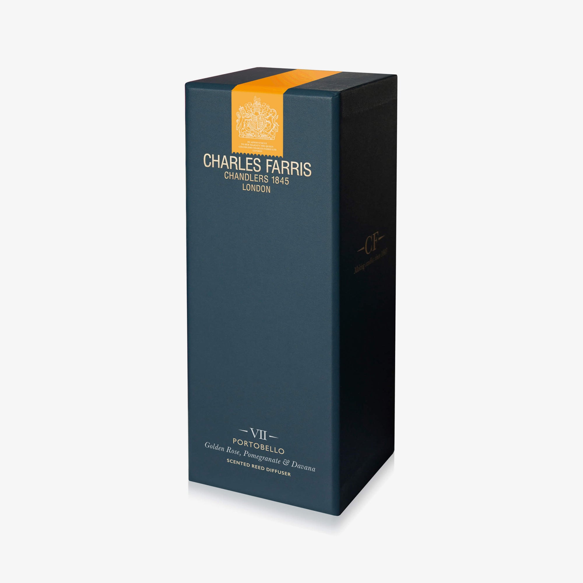 Dark blue packaging box with 'Charles Farris' branding on a white background