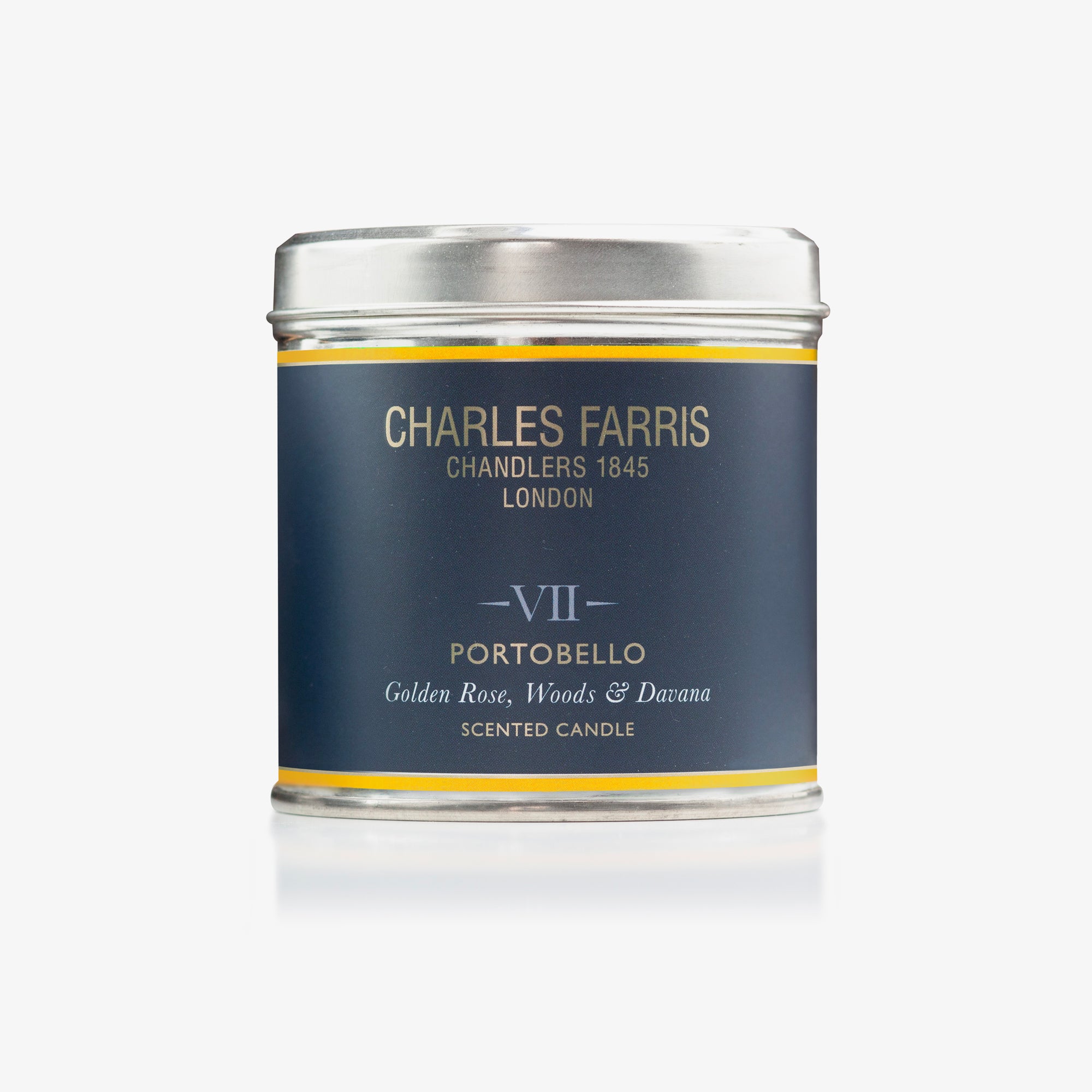 Scented Portobello candle container with 'Charles Farris' branding on a white background